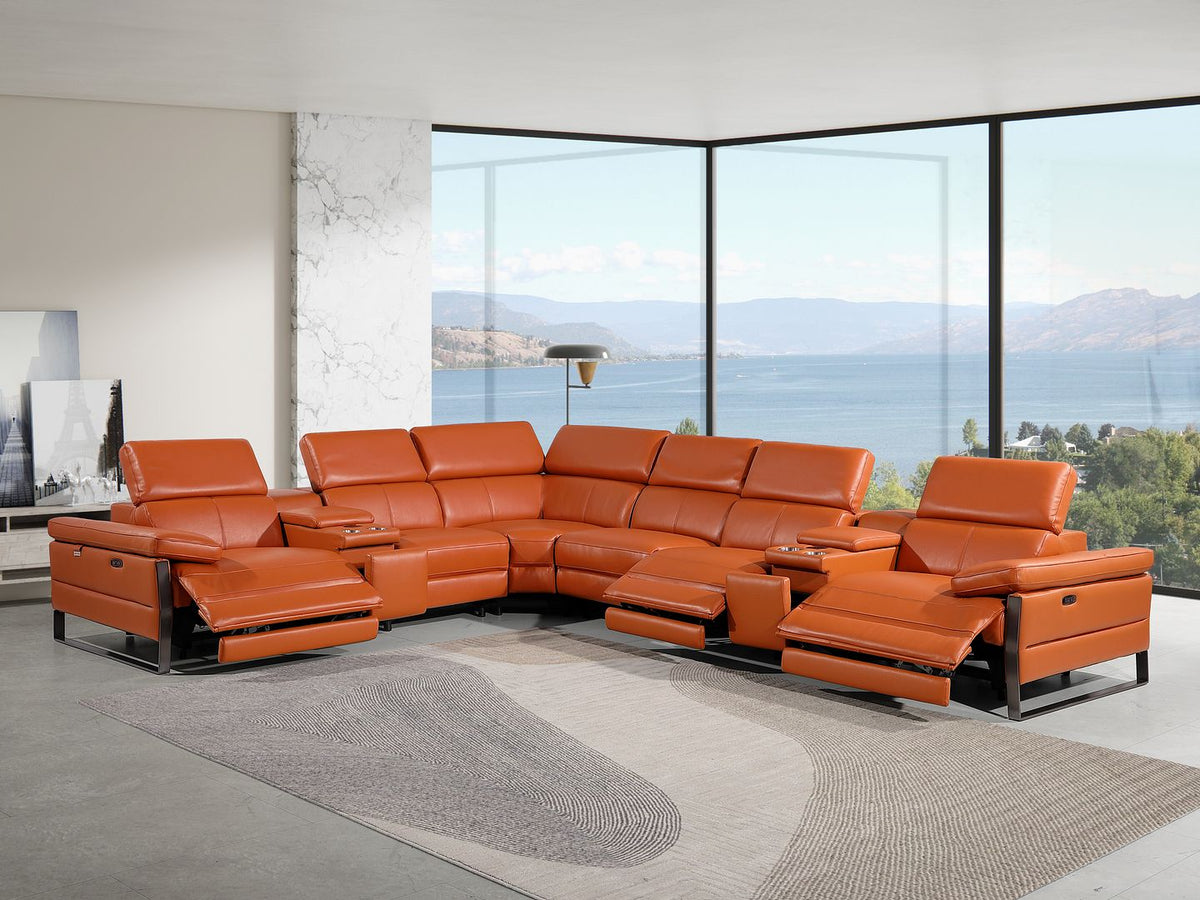 1246 Divanitalia 8-Piece L-Shaped Modular Power Reclining Sectional Sofa with 3 Power Recliners and Power Headrests - Top Grain Italian Leather - Camel - SKU 1246-CAMEL-8PC-3PWR-SECTIONAL - view 2