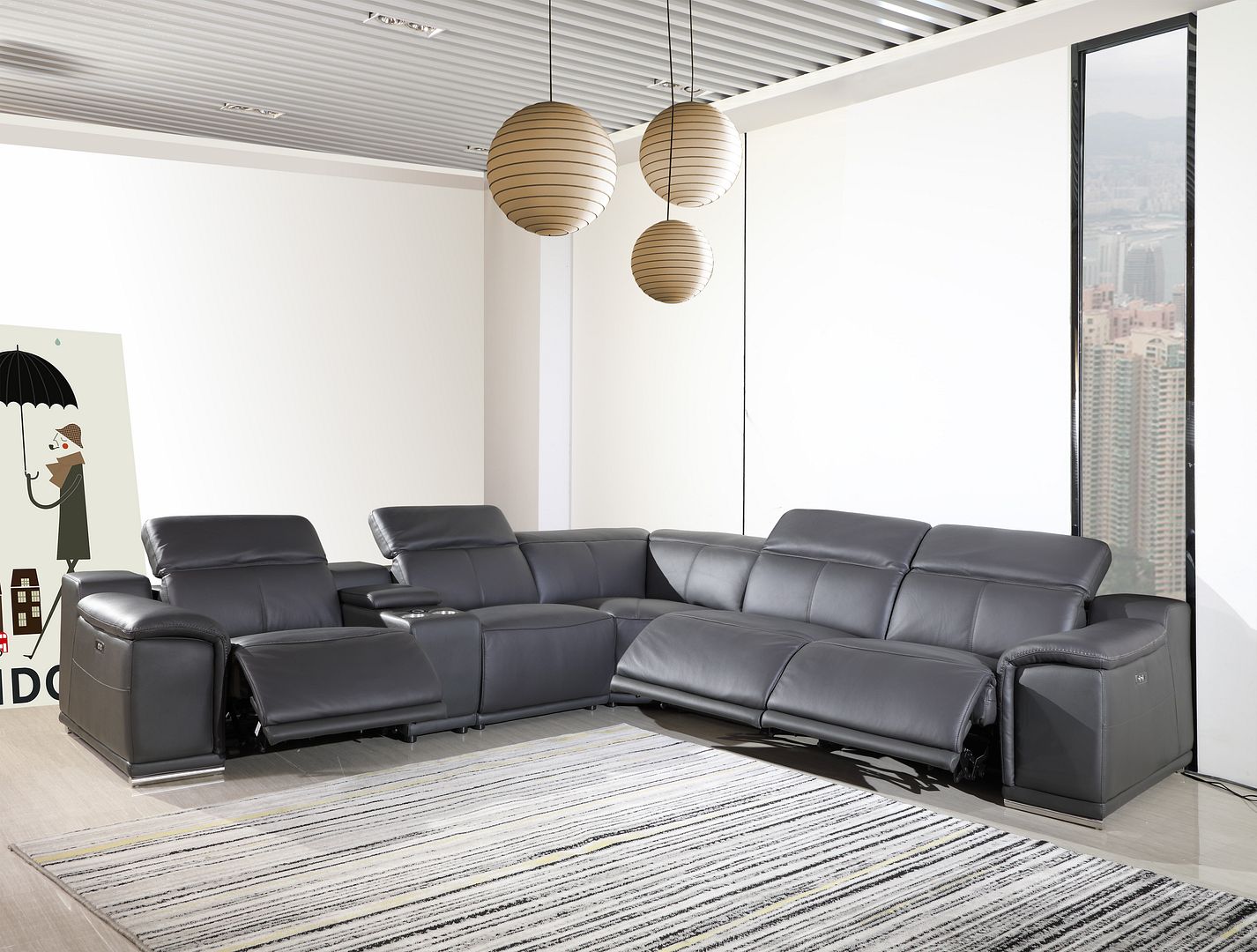 9762 Divanitalia 6-Piece L-Shaped Top Grain Italian Leather Sectional Sofa with 3 Power Recliners - Dark Grey