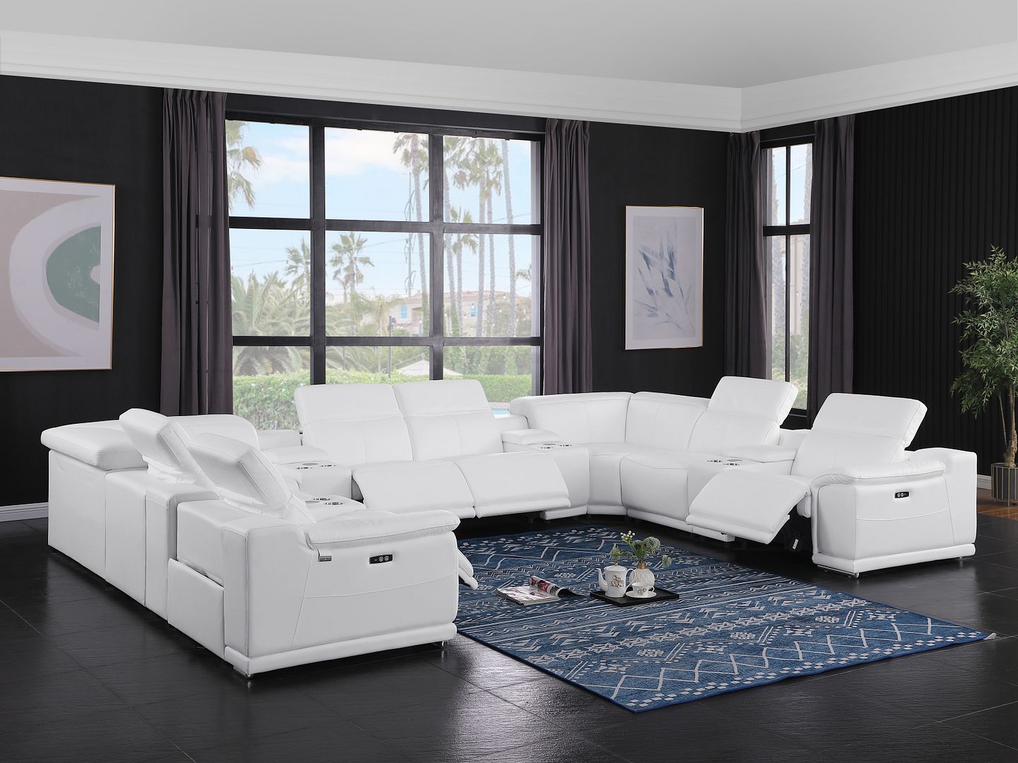 9762 Divanitalia 12-Piece U-Shaped Top Grain Italian Leather Sectional Sofa with 4 Power Recliners