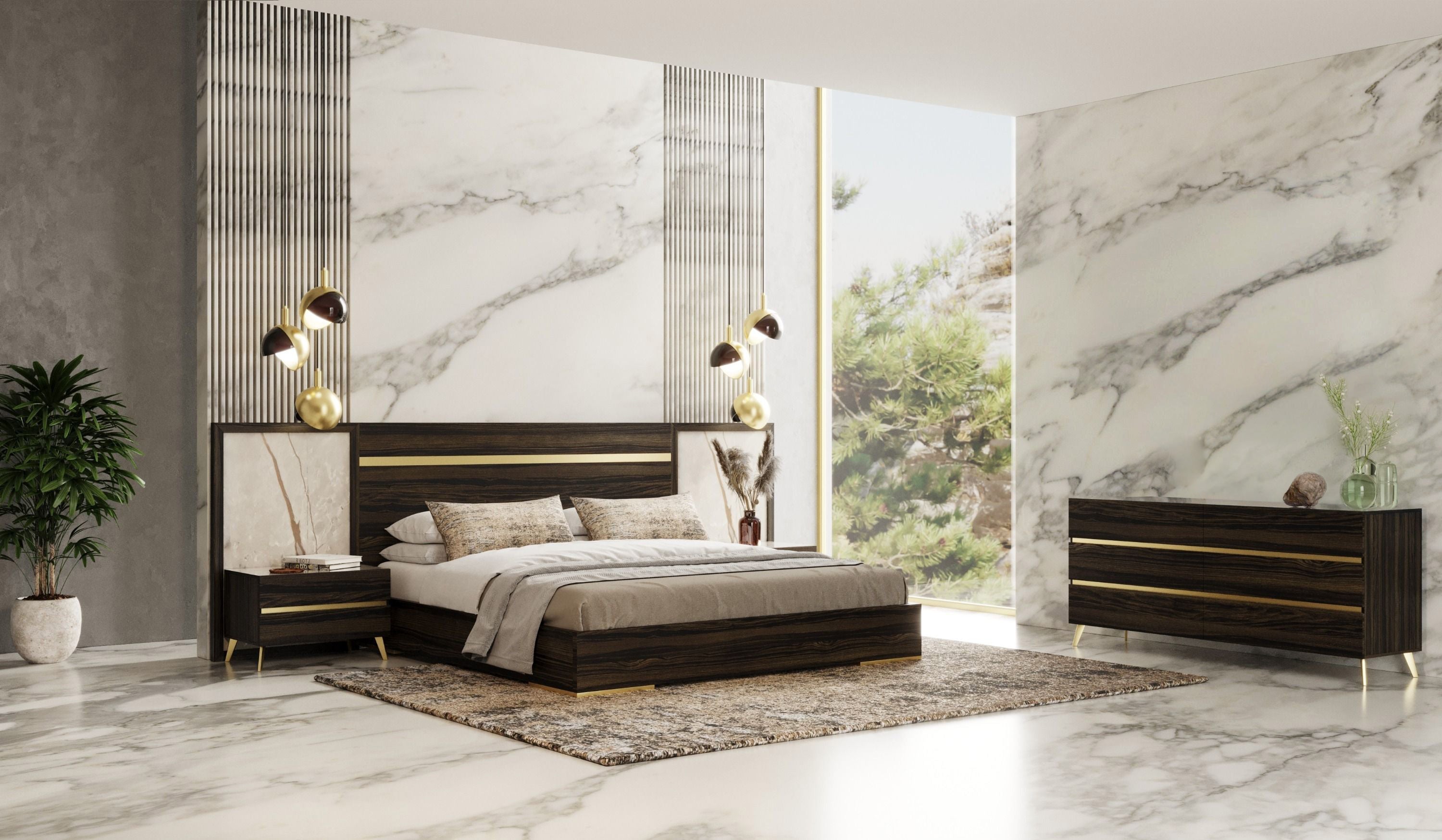 Queen Velondra - Modern Eucalypto + Marble 4-Piece Bedroom Set - Modern Eucalypto + Marble 4 - Piece Bedroom Set