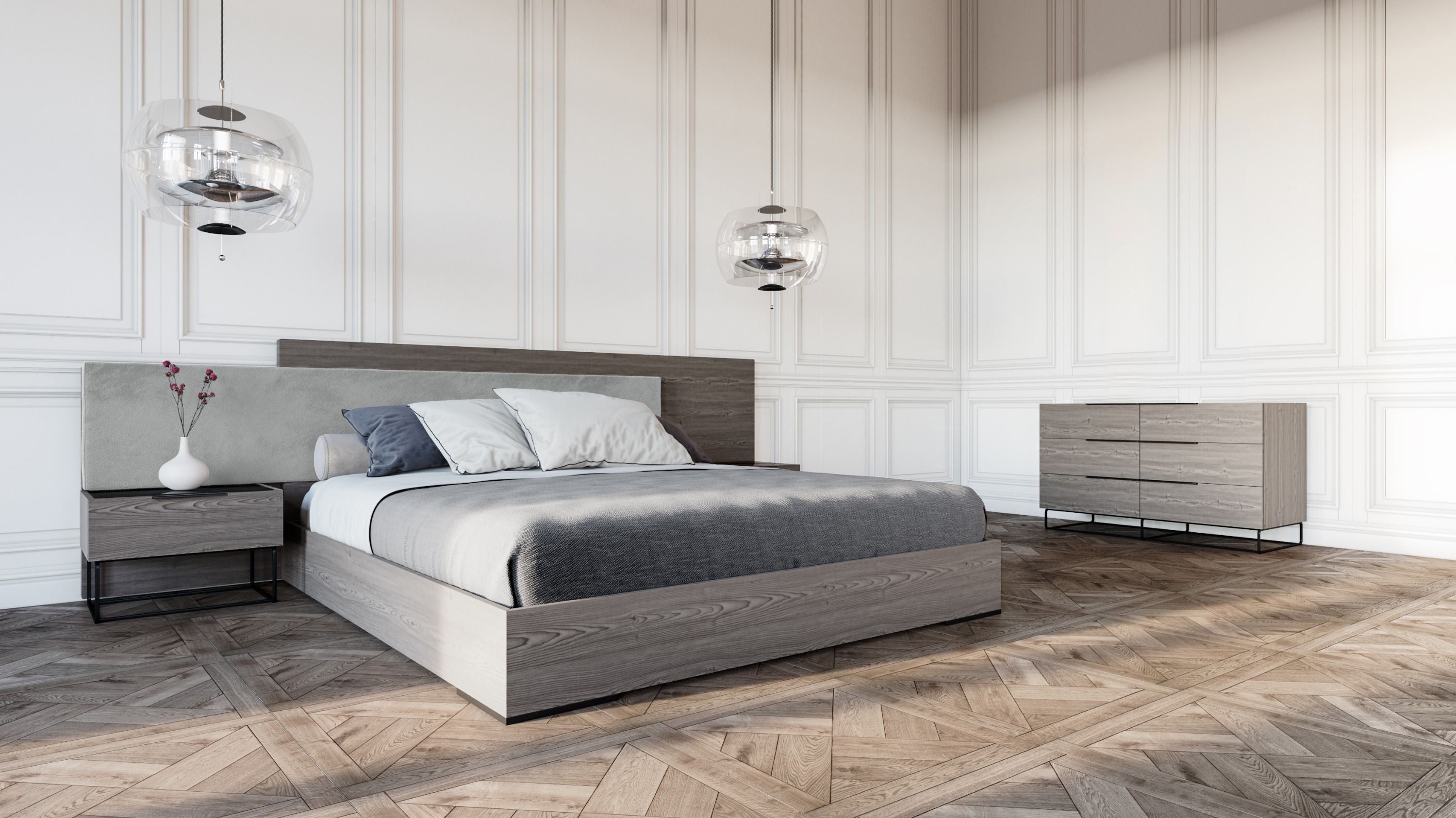 Enzo Italian Modern Grey Oak & Fabric 4-Piece Bedroom Set - Piece Bedroom Set - Queen