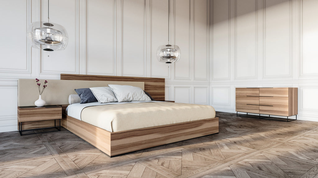 Matteo Italian Modern Walnut & Fabric 4-Piece Bedroom Set - Piece Bedroom Set