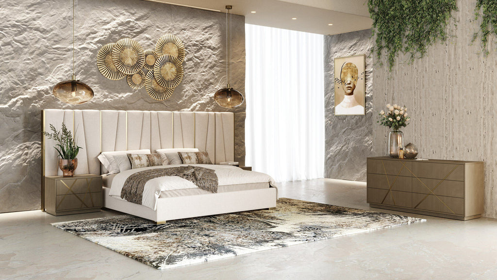 Eastern King Nixa - Modern Beige Velvet + Brushed Bronze + Birch 4-Piece Bedroom Set - Modern Beige Velvet + Brushed Bronze + Birch 4 - Piece Bedroom Set