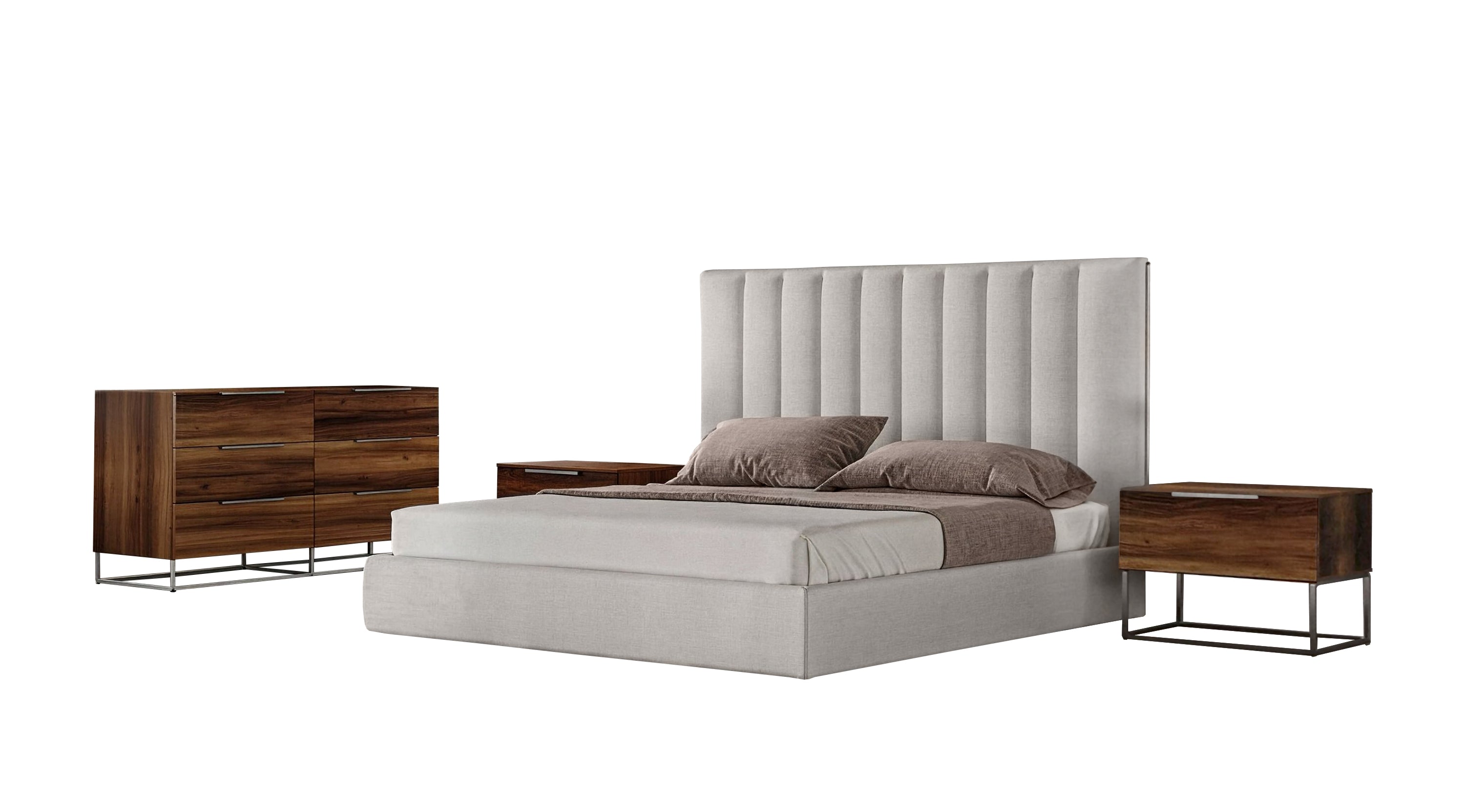 Valhalla + Lorenzo - Modern White Fabric + Light Oak 4-Piece Bedroom Set - Modern White Fabric + Light Oak 4 - Piece Bedroom Set