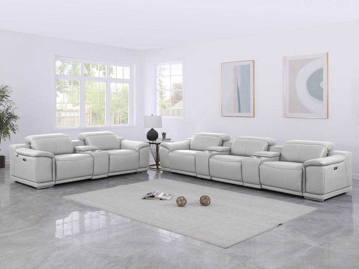 9762 Divanitalia 8-Piece Modular Power Reclining Sofa and Console Loveseat Set with Top Grain Italian Leather - Light Grey - SKU 9762-LT-GREY-8.5-HT