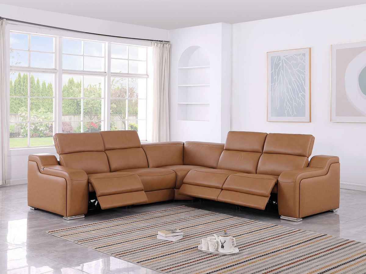 1116 Divanitalia 5-Piece L-Shaped Sectional Sofa in Top Grain Italian Leather with 3 Power Recliners & Power Headrests - Cognac - SKU 1116-COGNAC-5PC-3PWR-SECTIONAL- GROUP - view 2