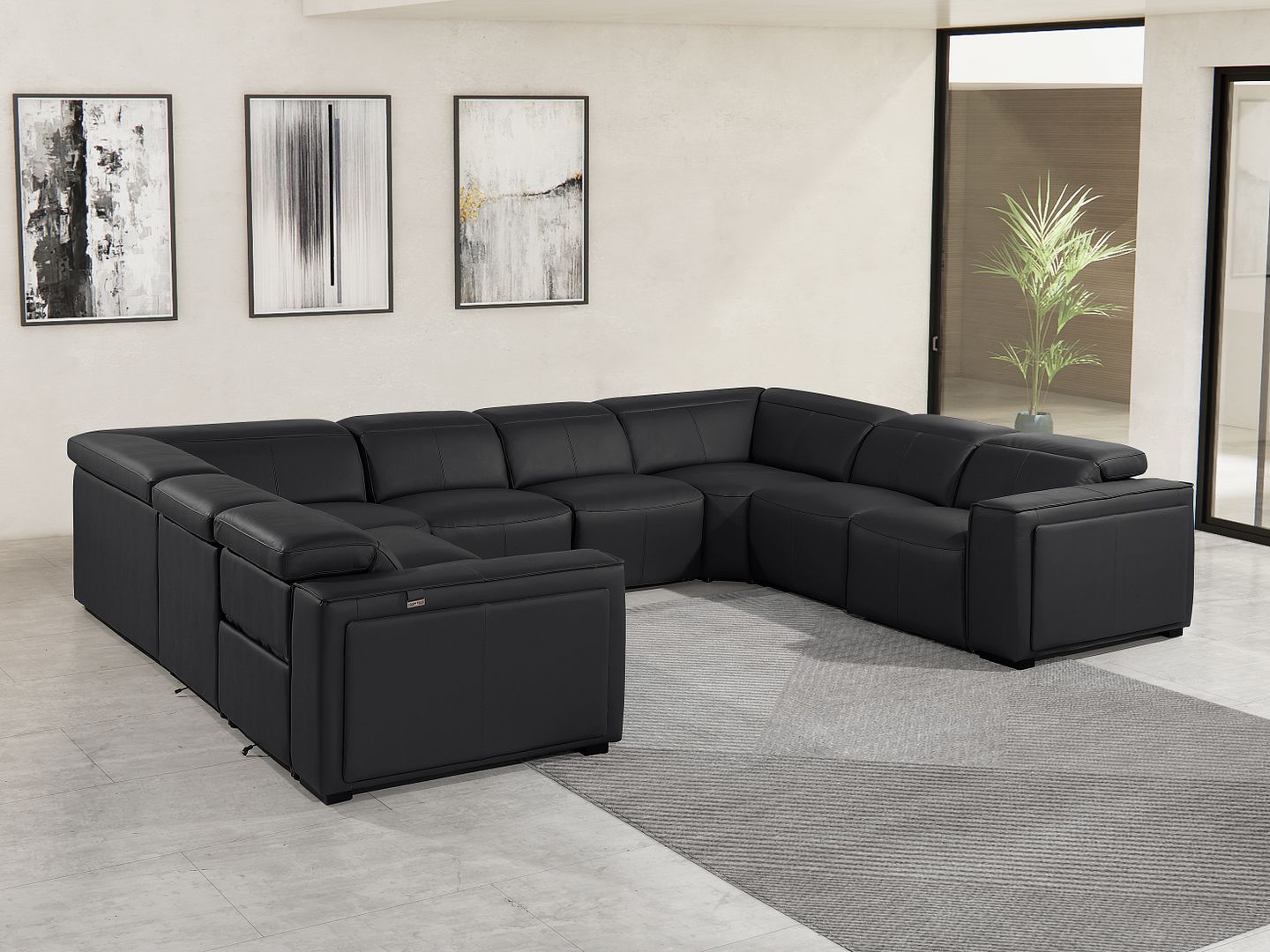 1224 Divanitalia 8-Piece U-Shaped Sectional Sofa in Top Grain Italian Leather with 4 Power Recliners & Power Headrests - Black