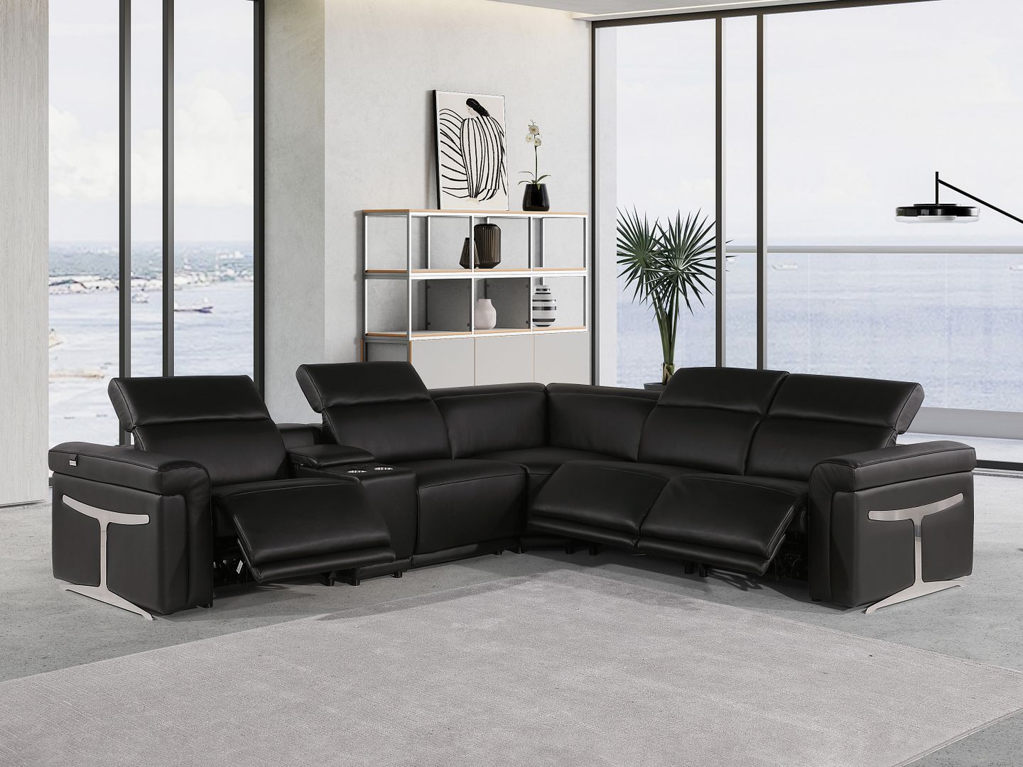 1126 Divanitalia 6-Piece L-Shaped Sectional Sofa in Top Grain Italian Leather with 3 Power Recliners & Power Headrests - Black - SKU 1126-BLACK-SEC-6PC-3PWR-SECTIONAL- GROUP
