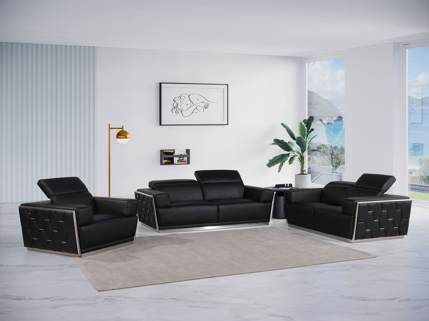 1111 Divanitalia 3-Piece Sofa Set with Adjustable Headrest in Top-grain Italian Leather - Black - SKU 1111-BLACK-3PC