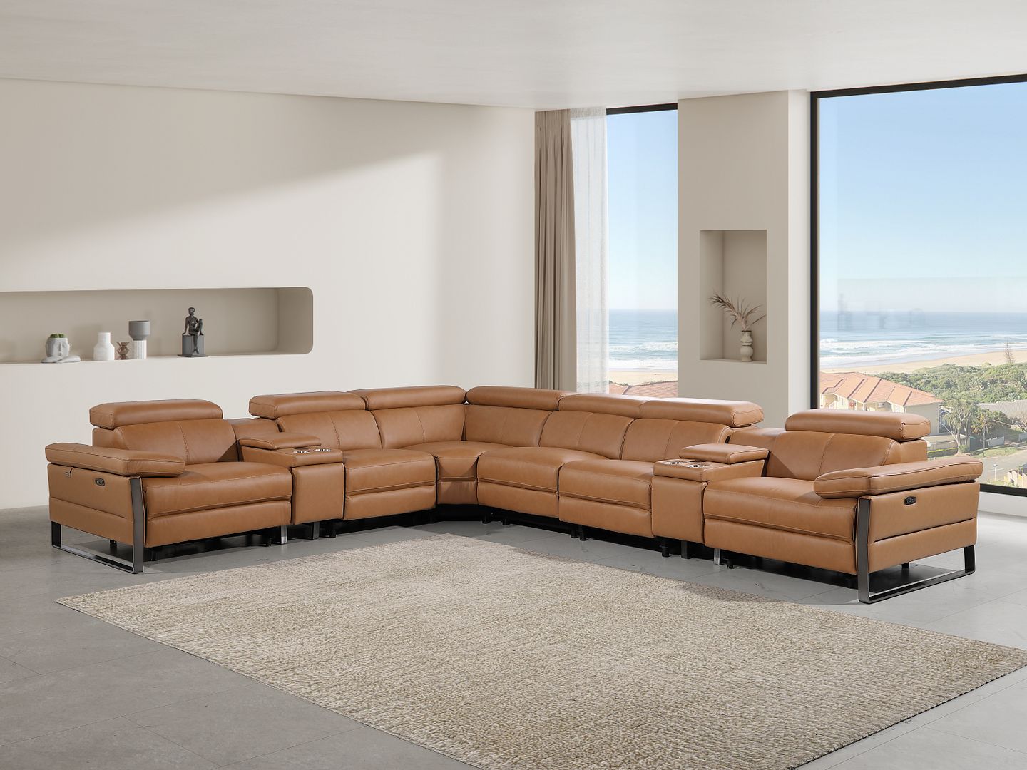 1246 Divanitalia 8-Piece L-Shaped Modular Power Reclining Sectional Sofa with 4 Power Recliners and Power Headrests - Top Grain Italian Leather - Cognac