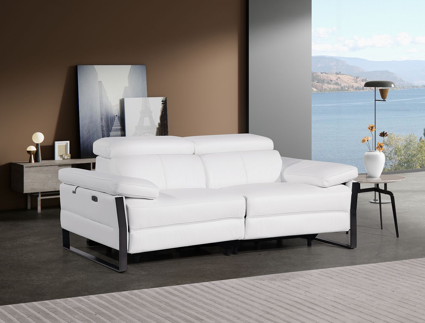 1246 Divanitalia Top Grain Italian Leather Loveseat with Power Headrest - White - SKU 1246-WHITE-2.2-HT