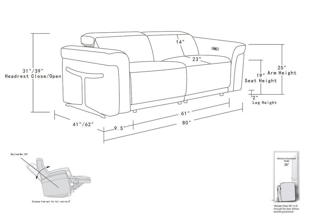 1126 Divanitalia Power Reclining Sofa in Top Grain Italian Leather with 2 Power Recliners & Power Headrests