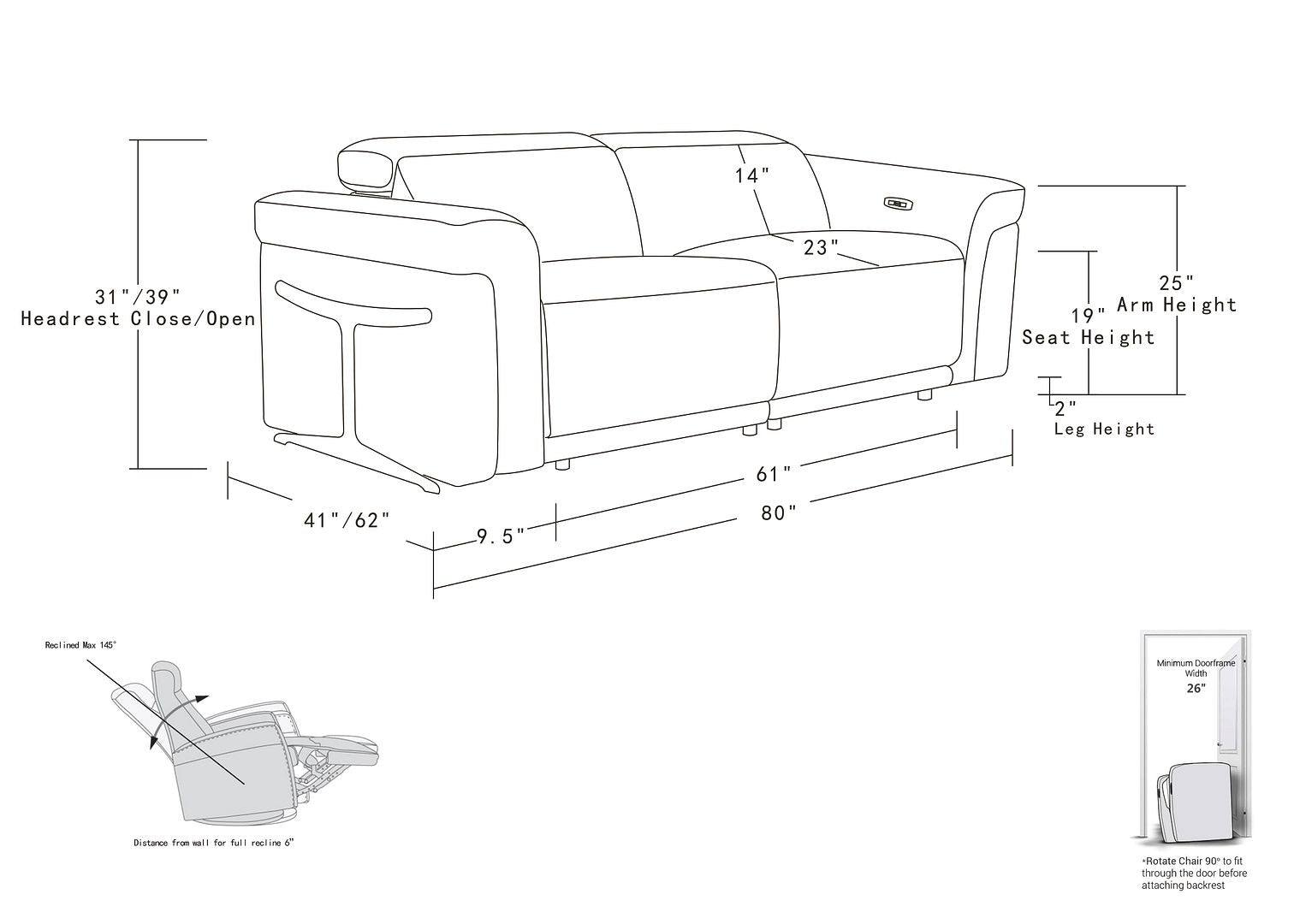 1126 Divanitalia Power Reclining Sofa in Top Grain Italian Leather with 2 Power Recliners & Power Headrests
