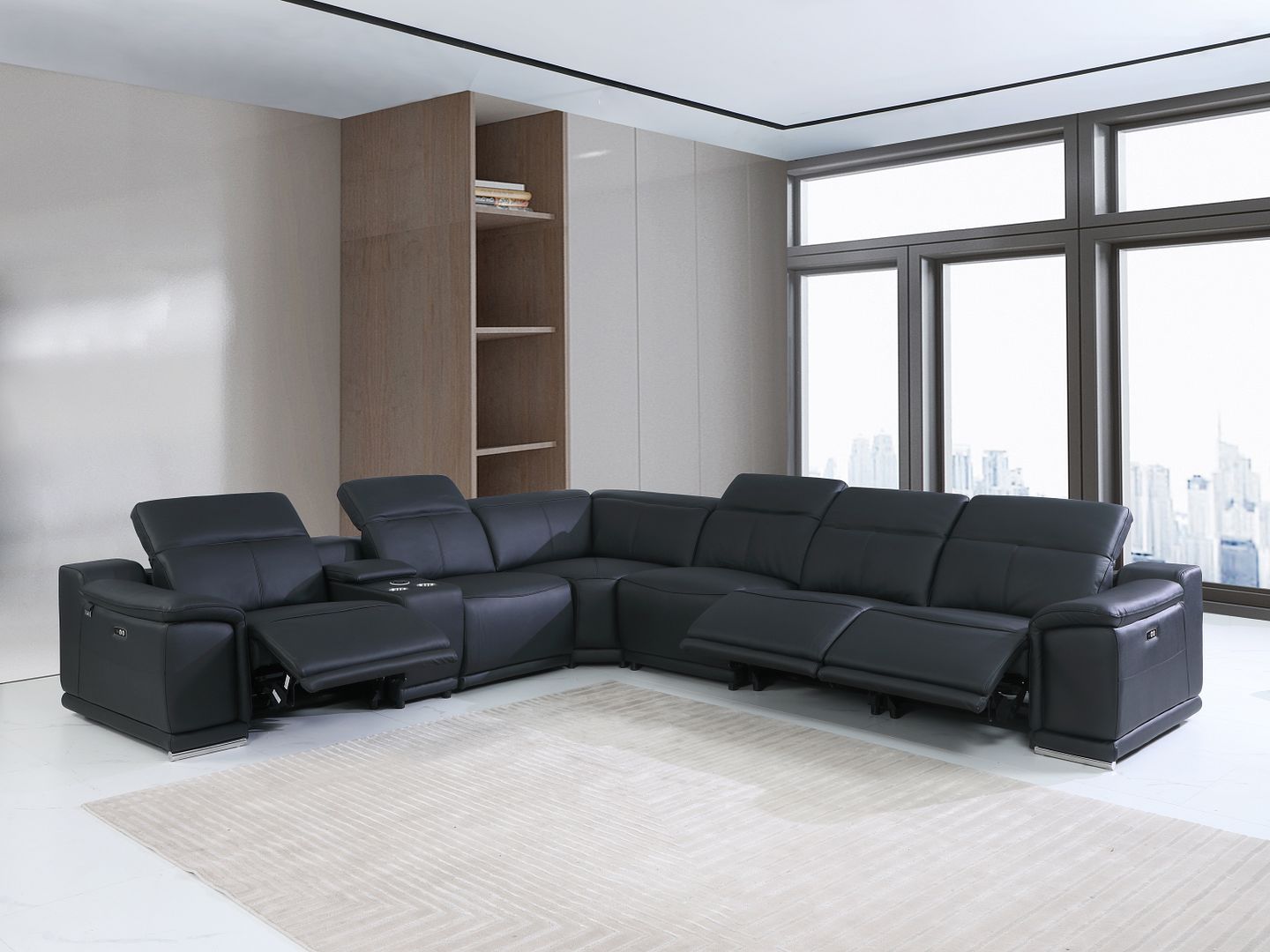 9762 Divanitalia 7-Piece L-Shaped Top Grain Italian Leather Sectional Sofa with 3 Power Recliners - Black