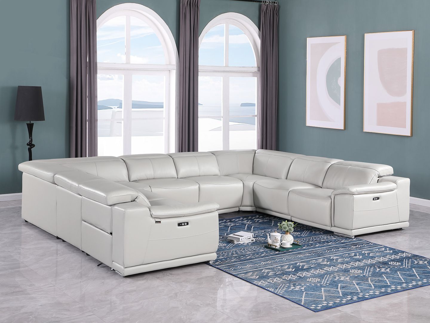 9762 Divanitalia 8-Piece U-Shaped Top Grain Italian Leather Sectional Sofa with 4 Power Recliners - Light Grey