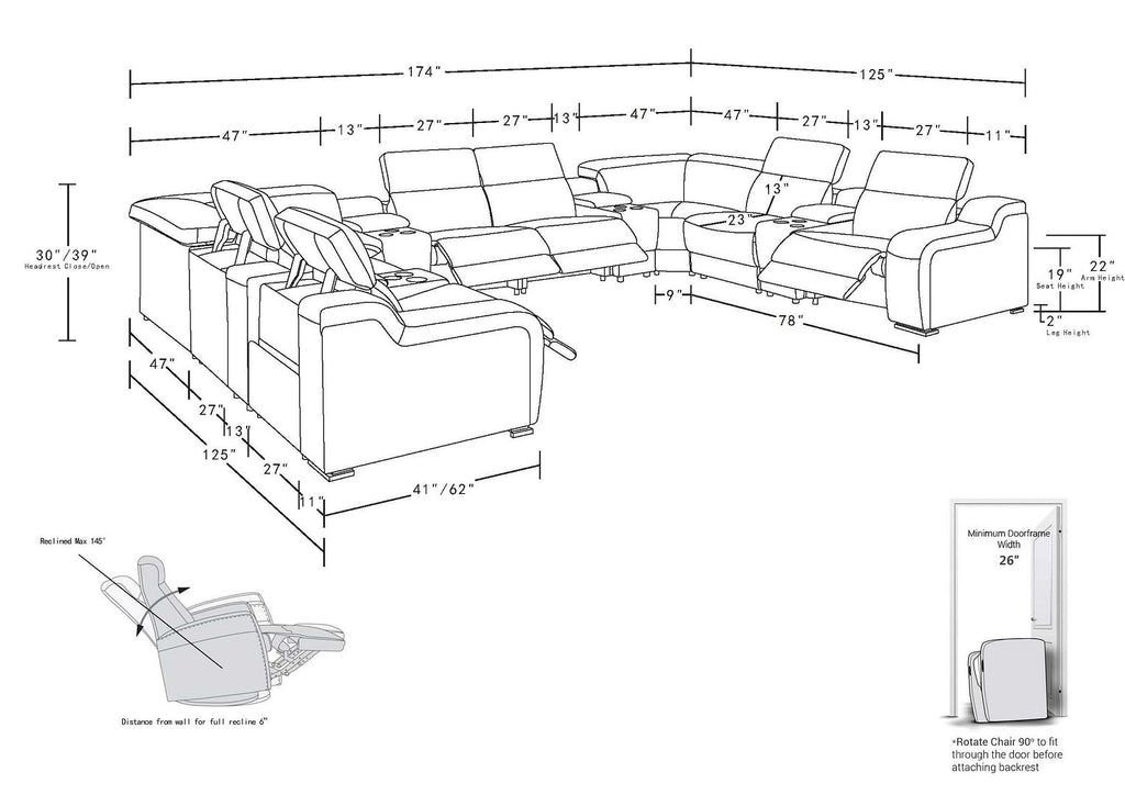1116 Divanitalia 12-Piece U-Shaped Sectional Sofa in Top Grain Italian Leather with 4 Power Recliners & Power Headrests