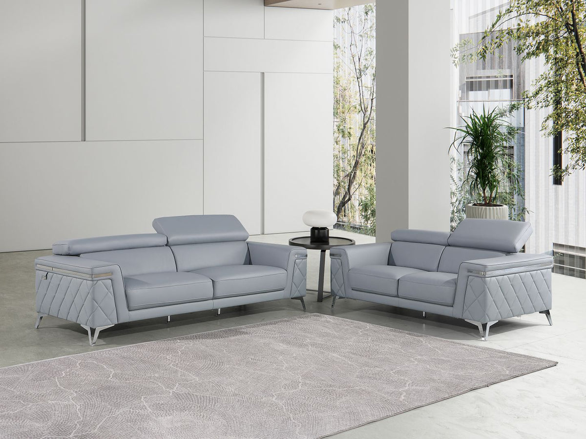 1140 Divanitalia 2-Piece Sofa Set with Adjustable Headrest in Top-grain Italian Leather - Light Blue - SKU 1140-LT-BLUE-2PC