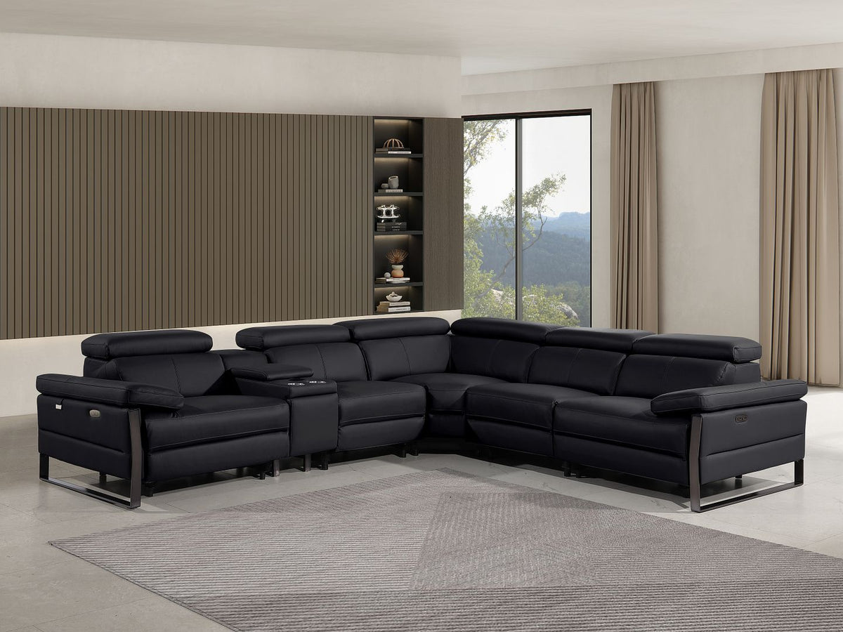 1246 Divanitalia 6-Piece L-Shaped Modular Power Reclining Sectional Sofa with 3 Power Recliners and Power Headrests - Top Grain Italian Leather - Black - SKU 1246-BLACK-6PC-3PWR-SECTIONAL