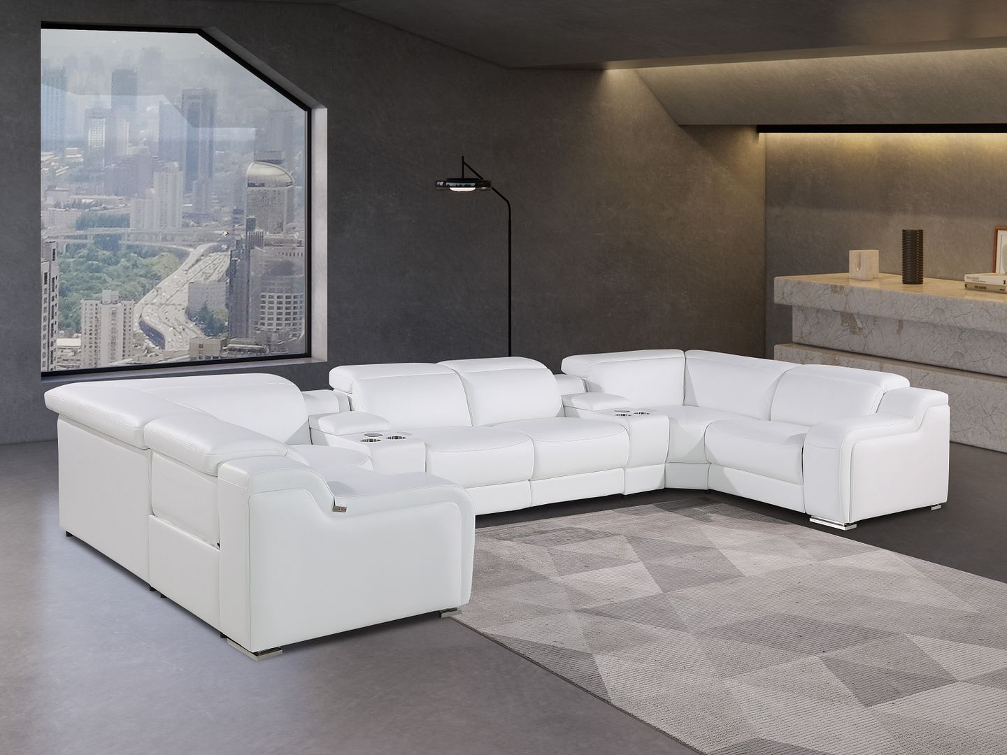 1116 Divanitalia 8-Piece U-Shaped Sectional Sofa in Top Grain Italian Leather with 2 Power Recliners & Power Headrests - White