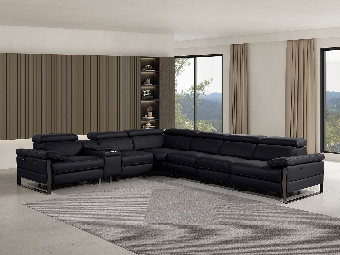 1246 Divanitalia 7-Piece L-Shaped Modular Power Reclining Sectional Sofa with 4 Power Recliners and Power Headrests - Top Grain Italian Leather - Black