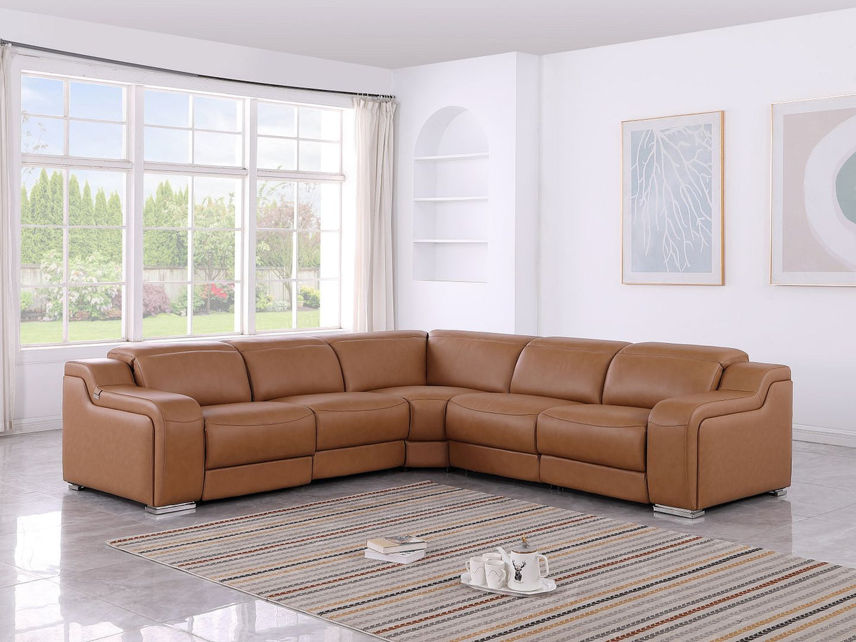 1116 Divanitalia 5-Piece L-Shaped Sectional Sofa in Top Grain Italian Leather with 3 Power Recliners & Power Headrests - Cognac - SKU 1116-COGNAC-5PC-3PWR-SECTIONAL- GROUP