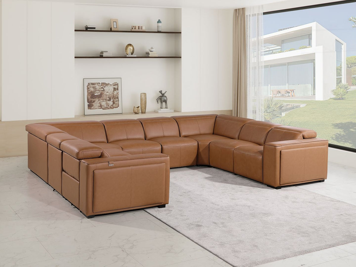 1224 Divanitalia 8-Piece U-Shaped Sectional Sofa in Top Grain Italian Leather with 4 Power Recliners & Power Headrests - Cognac - SKU 1224-COGNAC-8PC-4PWR-U-NC-SECTIONAL