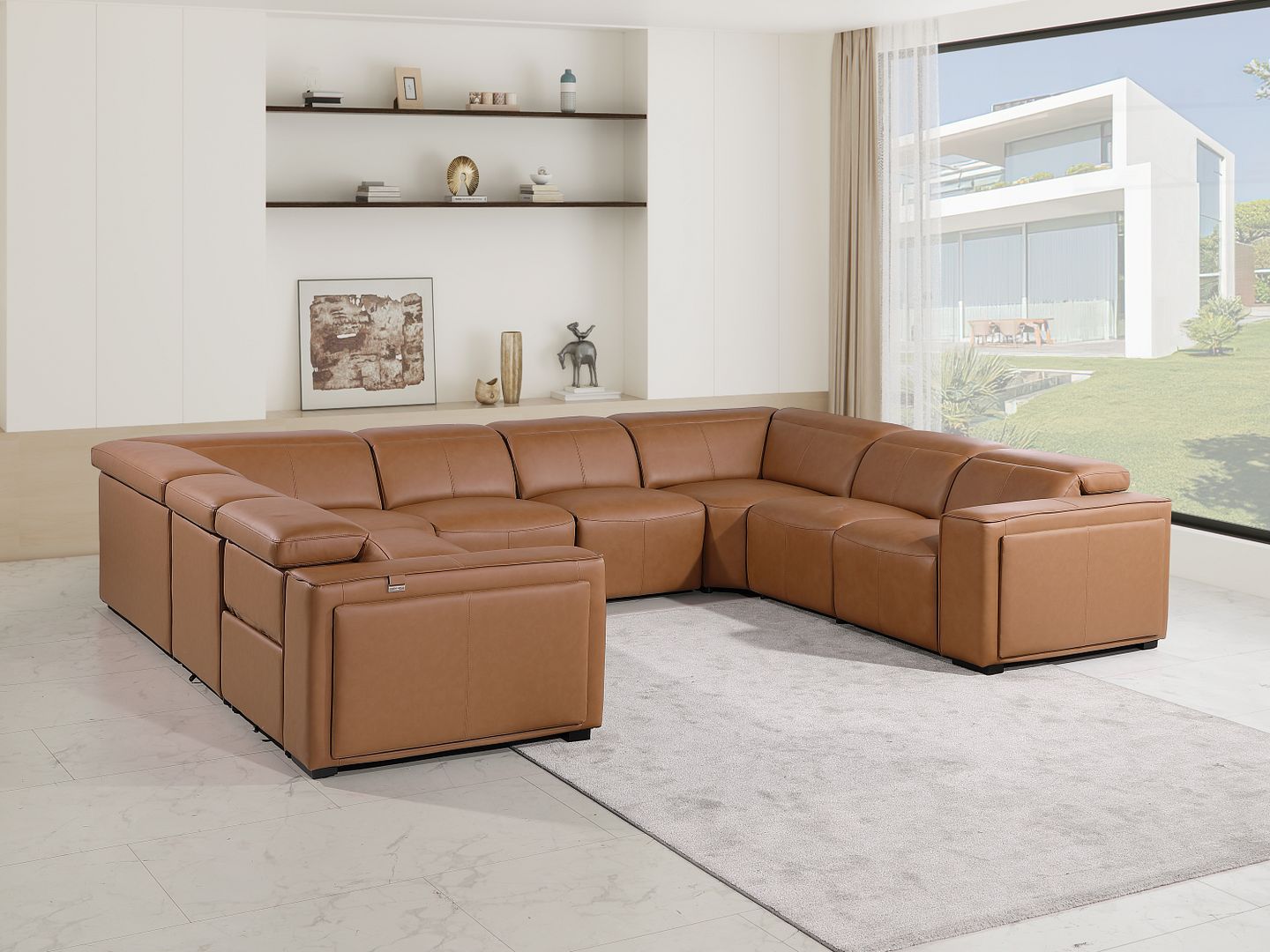 1224 Divanitalia 8-Piece U-Shaped Sectional Sofa in Top Grain Italian Leather with 4 Power Recliners & Power Headrests - Cognac