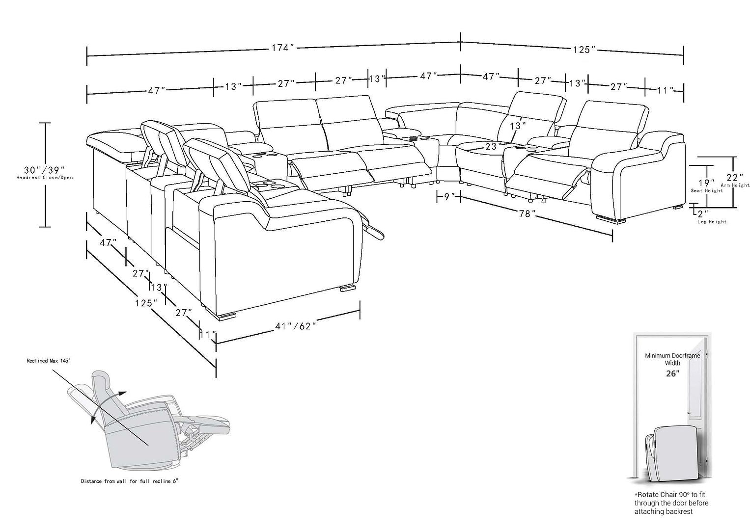 1116 Divanitalia 12-Piece U-Shaped Sectional Sofa in Top Grain Italian Leather with 4 Power Recliners & Power Headrests