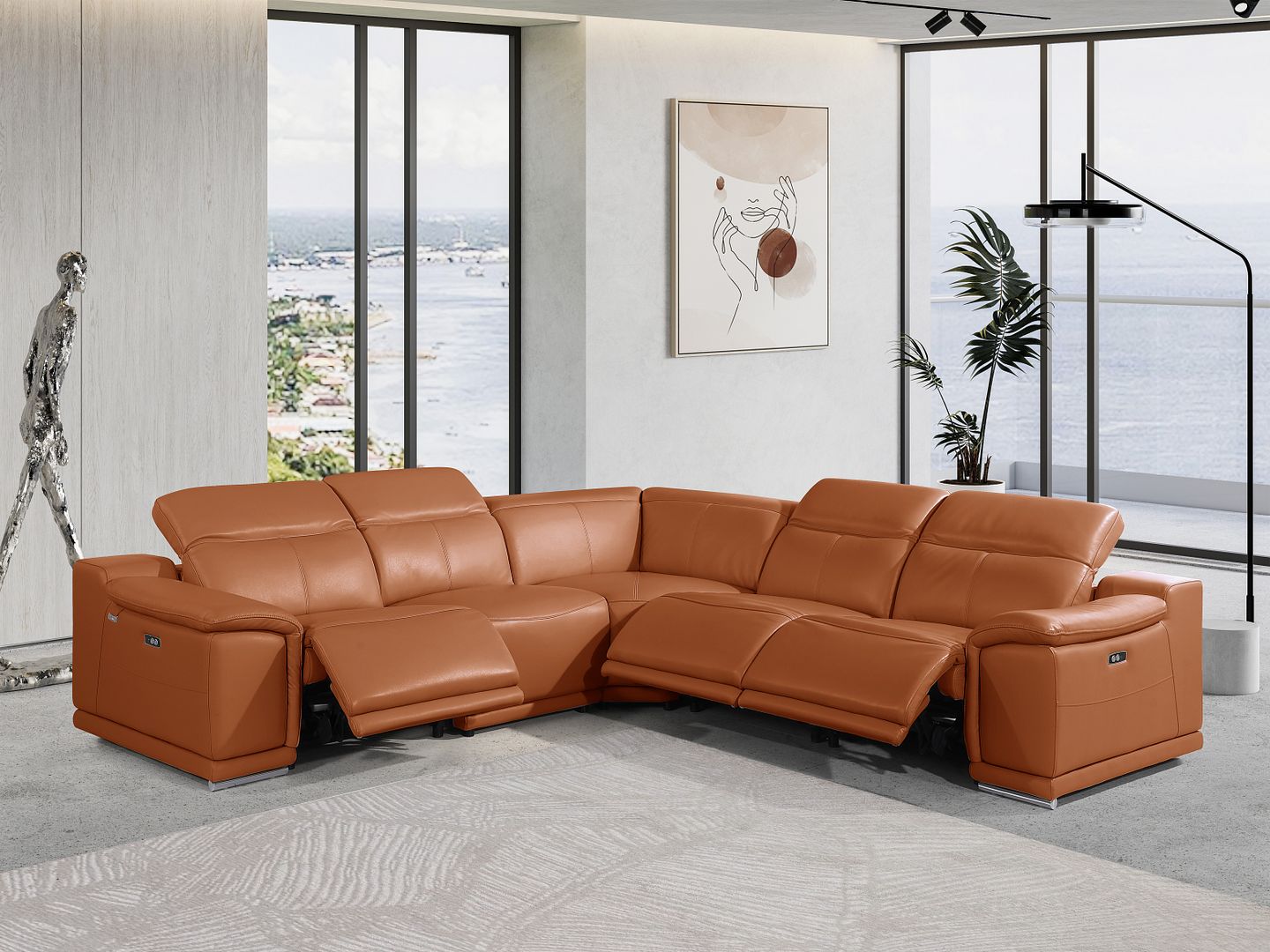 9762 Divanitalia 5-Piece L-Shaped Top Grain Italian Leather Sectional Sofa with 3 Power Recliners - Camel