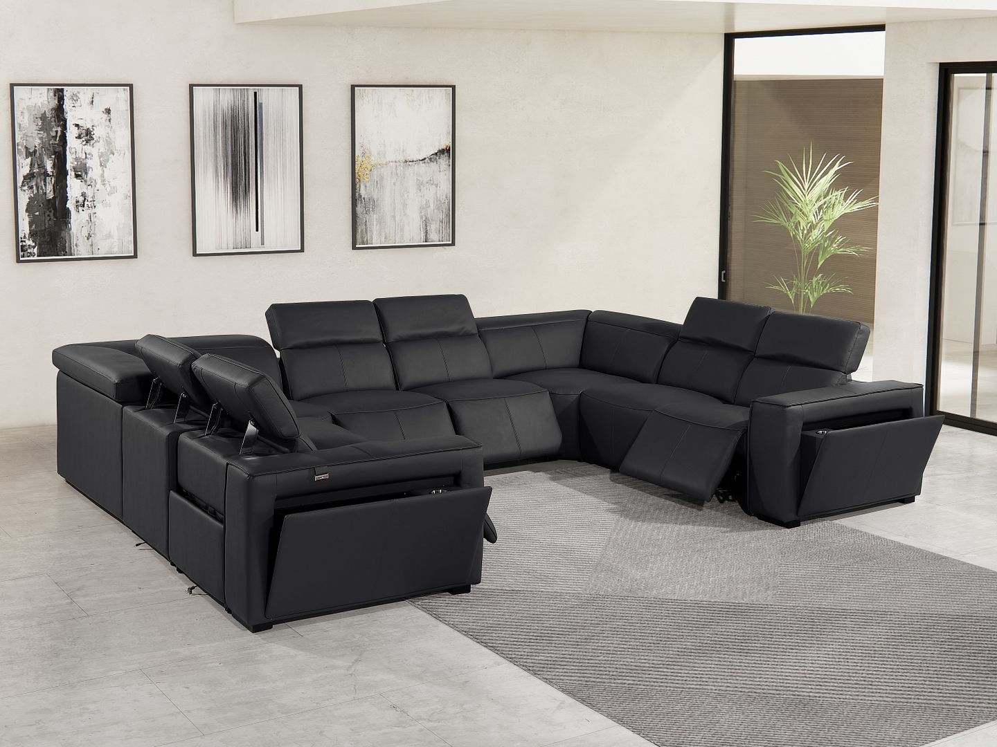 1224 Divanitalia 8-Piece U-Shaped Sectional Sofa in Top Grain Italian Leather with 4 Power Recliners & Power Headrests