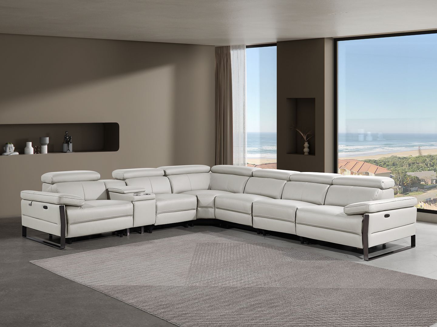 1246 Divanitalia 7-Piece L-Shaped Modular Power Reclining Sectional Sofa with 3 Power Recliners and Power Headrests - Top Grain Italian Leather - Light Grey