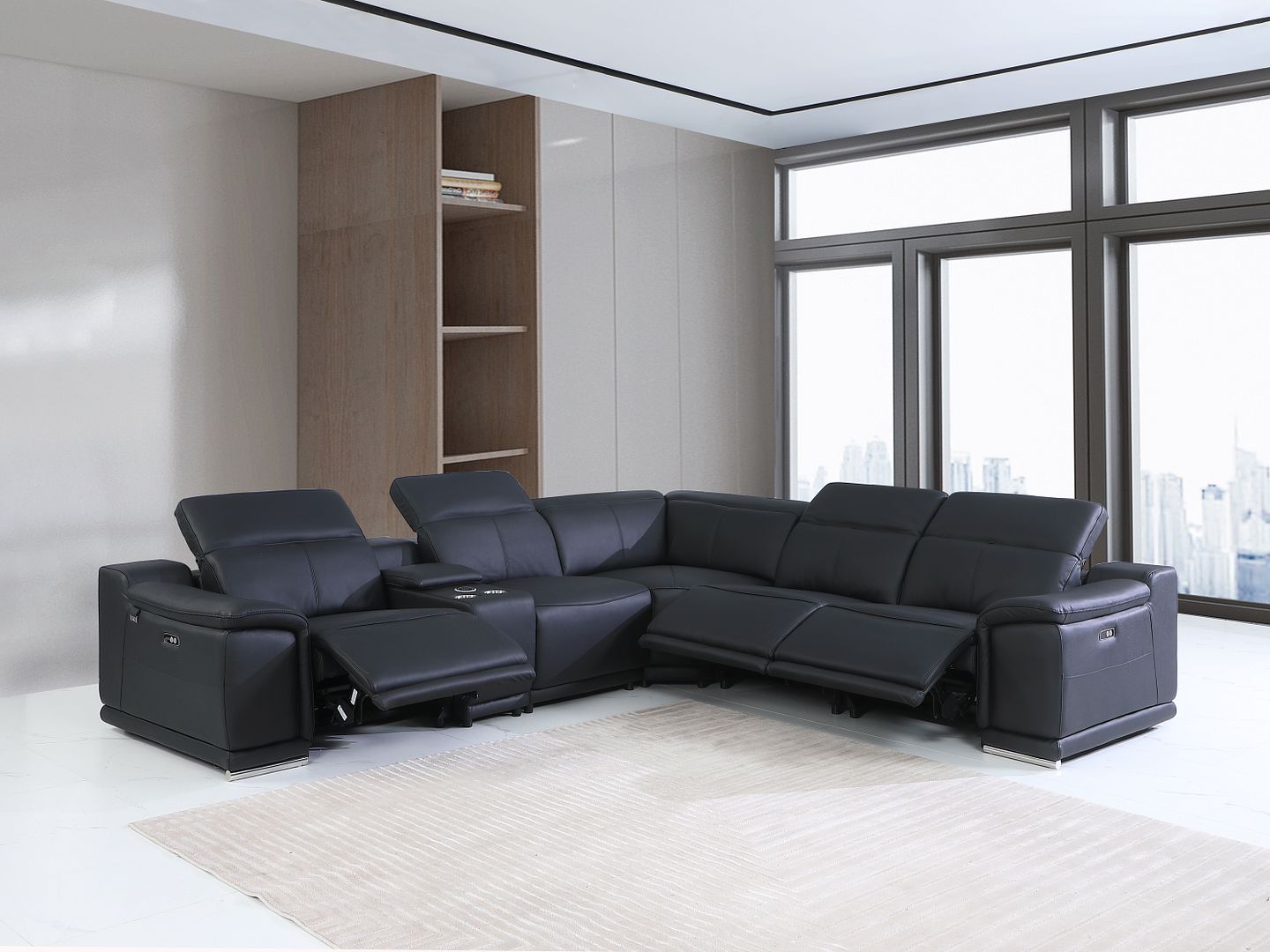 9762 Divanitalia 6-Piece L-Shaped Top Grain Italian Leather Sectional Sofa with 3 Power Recliners - Black