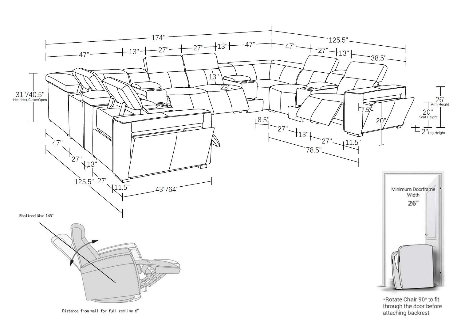 1224 Divanitalia 12-Piece U-Shaped Sectional Sofa in Top Grain Italian Leather with 4 Power Recliners & Power Headrests