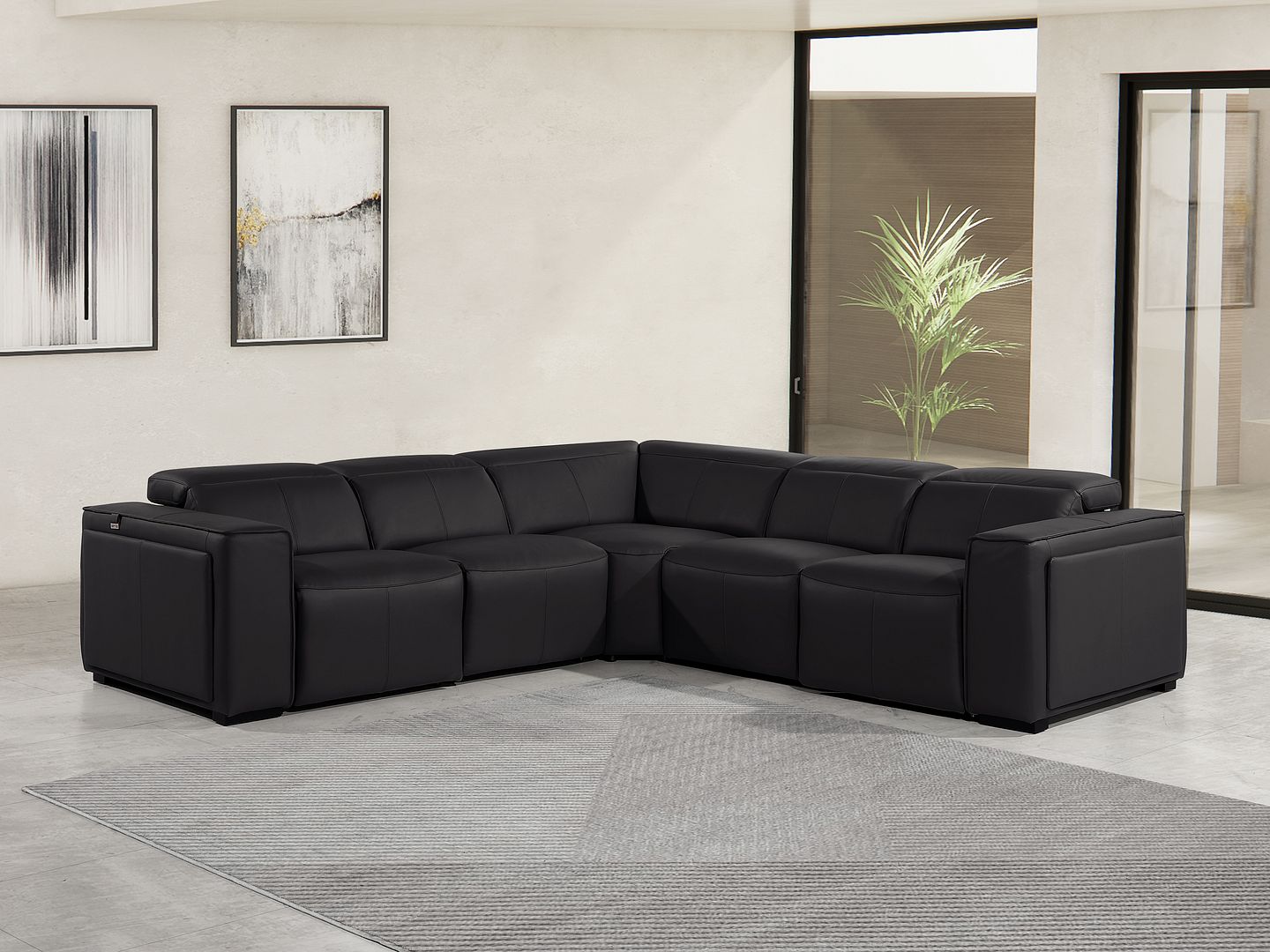 1224 Divanitalia 5-Piece L-Shaped Sectional Sofa in Top Grain Italian Leather with 3 Power Recliners & Power Headrests - Black