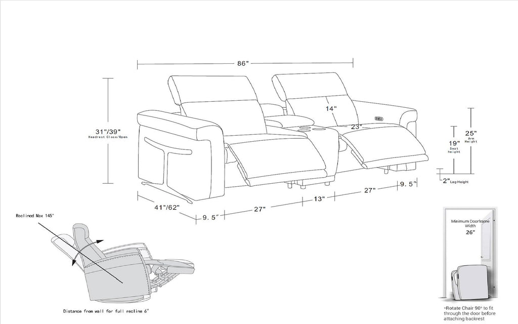 1126 Divanitalia 3-Piece Modular Power Reclining Loveseat in Top Grain Italian Leather with 2 Power Recliners & Power Headrests