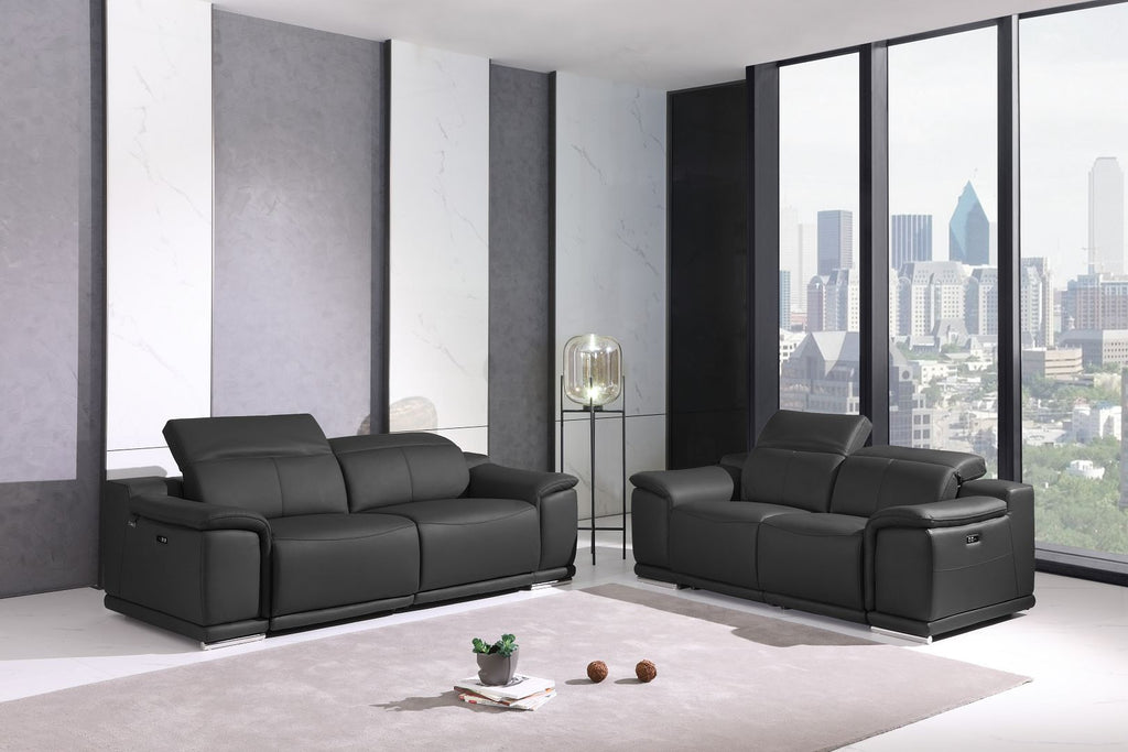 9762 Divanitalia Top Grain Italian Leather Power Reclining Sofa and Loveseat Set with Adjustable Headrests - Dark Grey