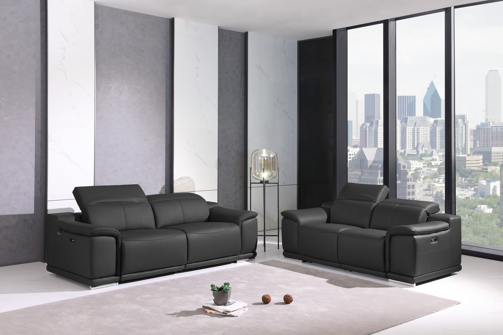 9762 Divanitalia Top Grain Italian Leather Power Reclining Sofa and Loveseat Set with Adjustable Headrests - Dark Grey