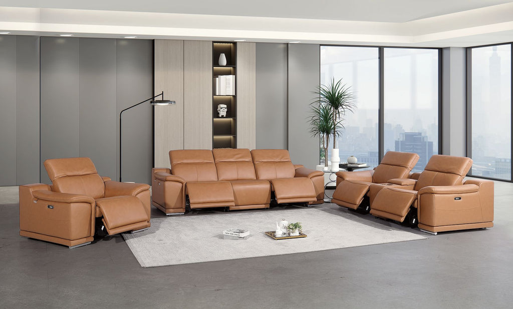 9762 Divanitalia 7-Piece Modular Power Reclining Sofa, Loveseat and Chair Set with 5 Power Recliners in Top Grain Italian Leather - Cognac - SKU 9762-COGNAC-7.5-HT-3PC - view 2