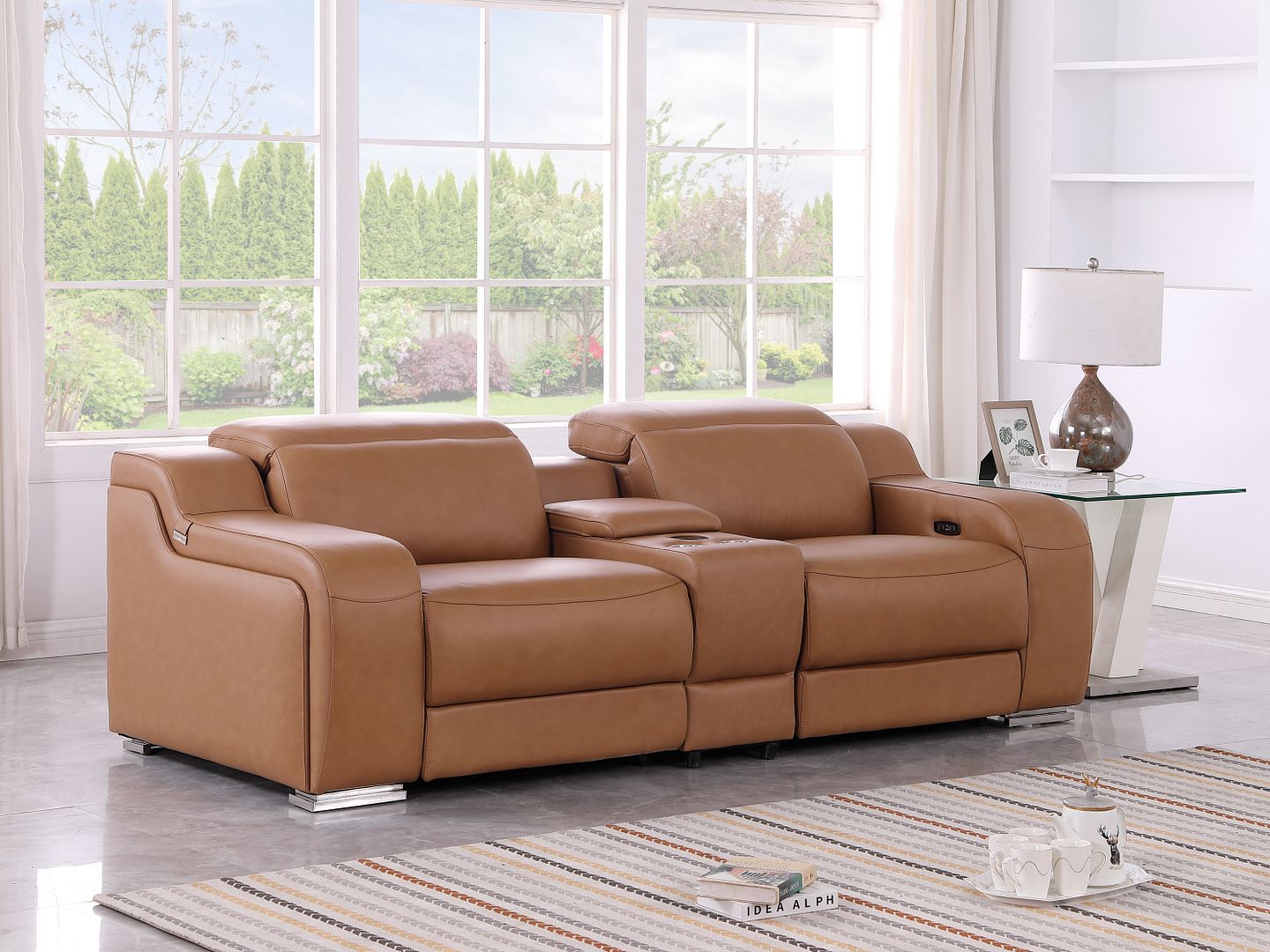 1116 Divanitalia 3-Piece Modular Power Reclining Console Loveseat in Top Grain Italian Leather with 2 Power Recliners & Power Headrests - Cognac