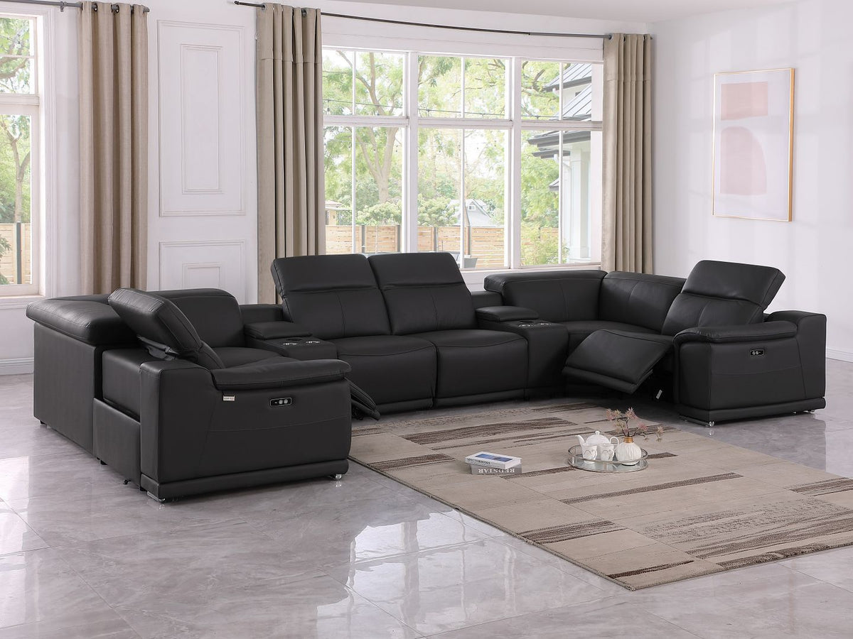9762 Divanitalia 8-Piece U-Shaped Top Grain Italian Leather Sectional Sofa with 2 Power Recliners - Black - SKU 9762-BLACK-8PC-2PWR-U-SECTIONAL-GROUP - view 2