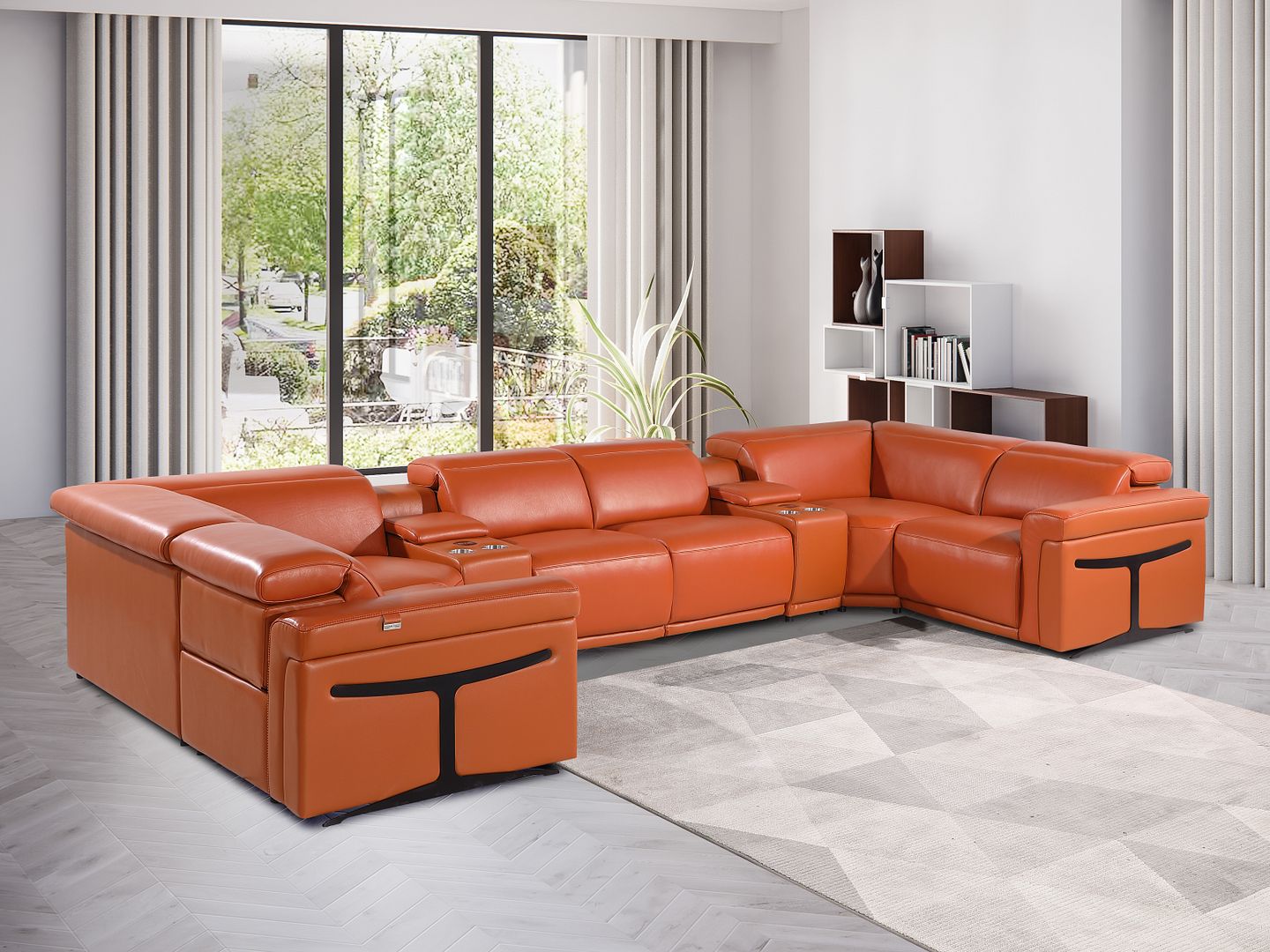 1126 Divanitalia 8-Piece U-Shaped Sectional Sofa in Top Grain Italian Leather with 4 Power Recliners & Power Headrests - Camel