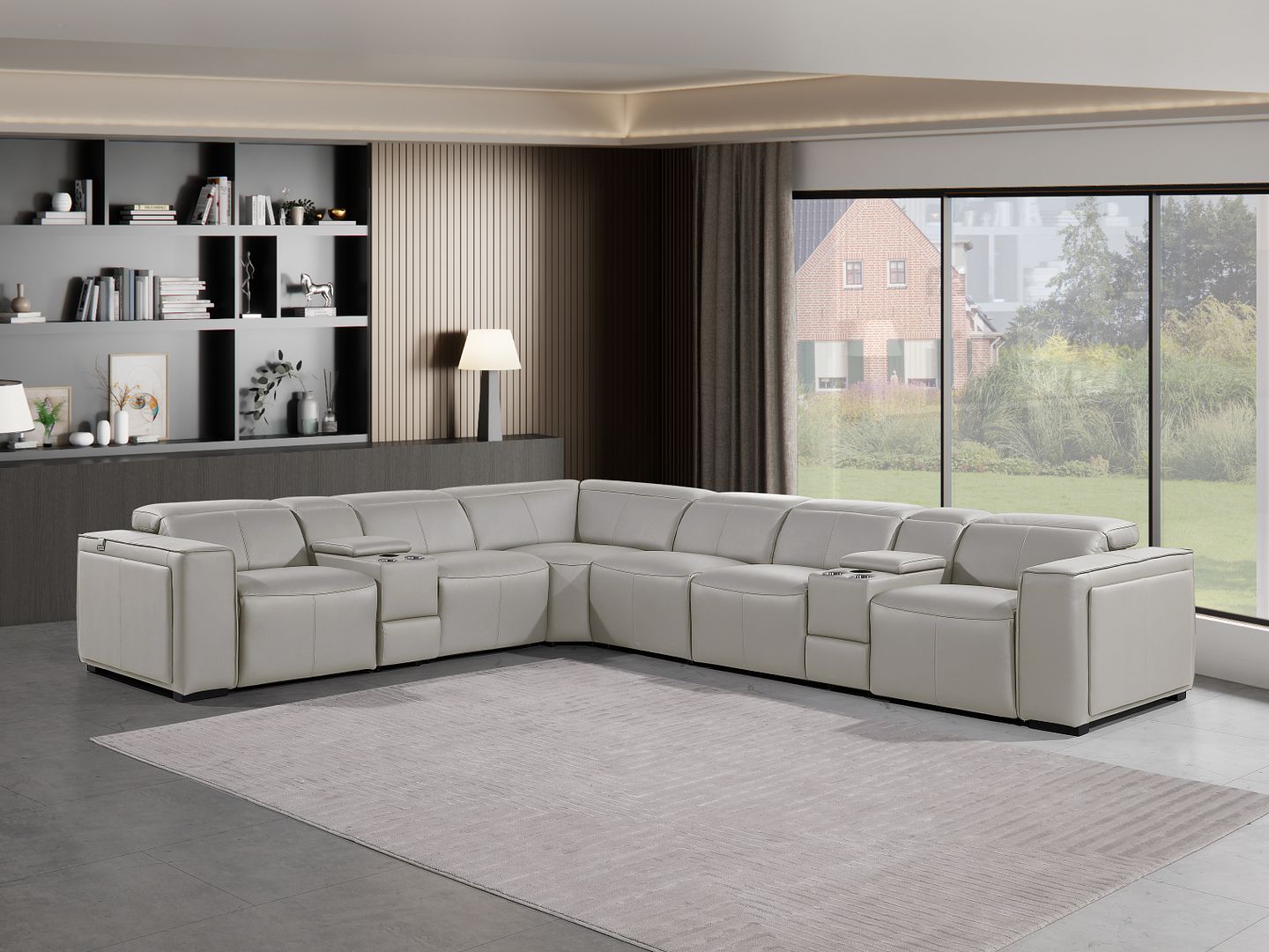 1224 Divanitalia 8-Piece L-Shaped Sectional Sofa in Top Grain Italian Leather with 4 Power Recliners & Power Headrests - Light Grey