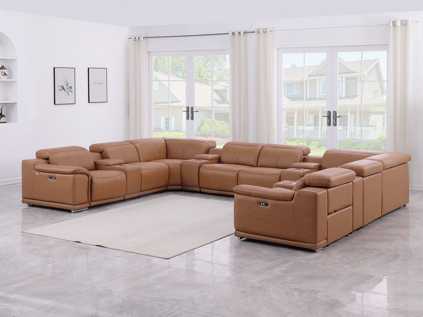 9762 Divanitalia 12-Piece U-Shaped Top Grain Italian Leather Sectional Sofa with 4 Power Recliners - Cognac