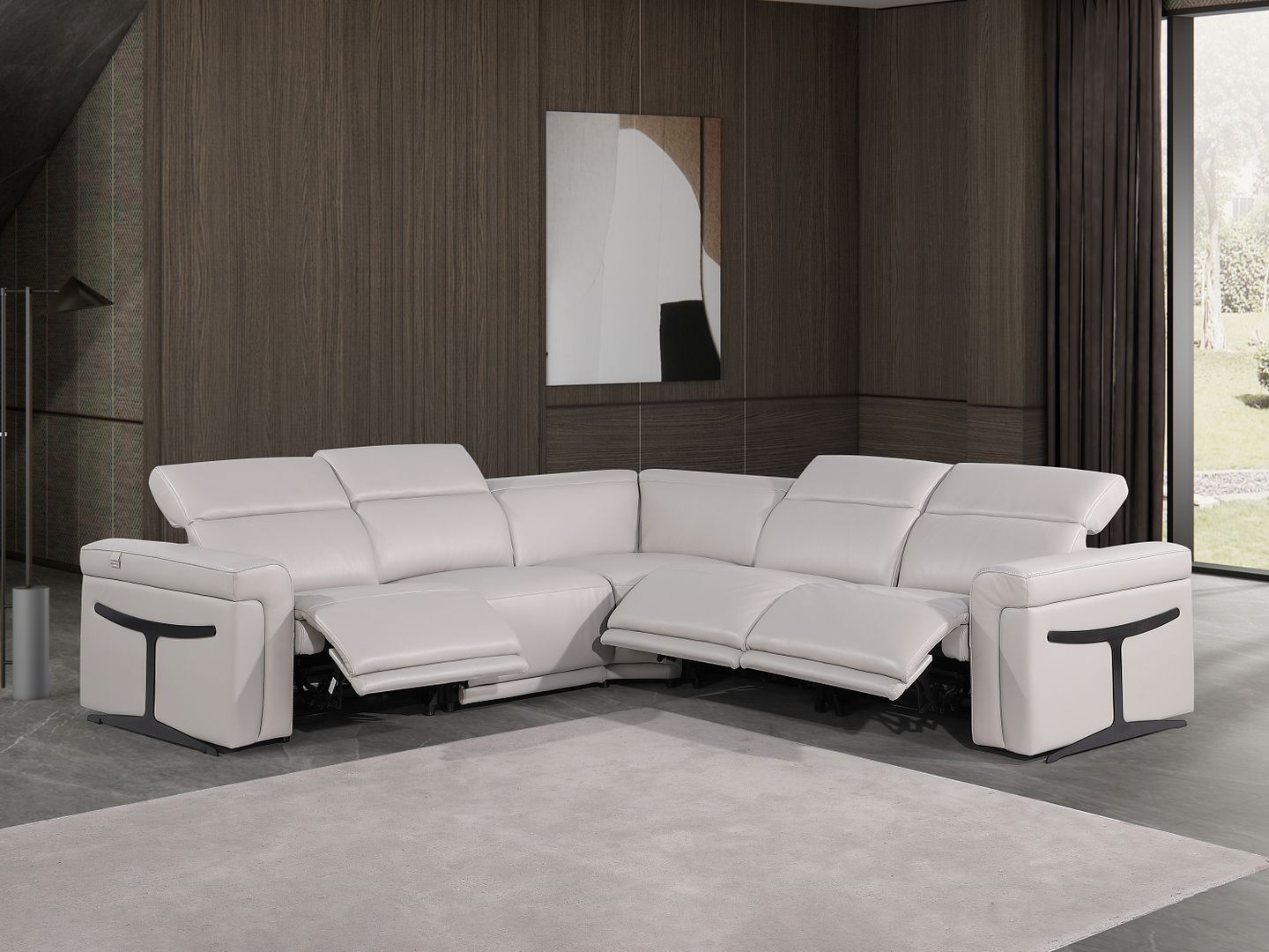 1126 Divanitalia 5-Piece L-Shaped Sectional Sofa in Top Grain Italian Leather with 3 Power Recliners & Power Headrests - Light Grey