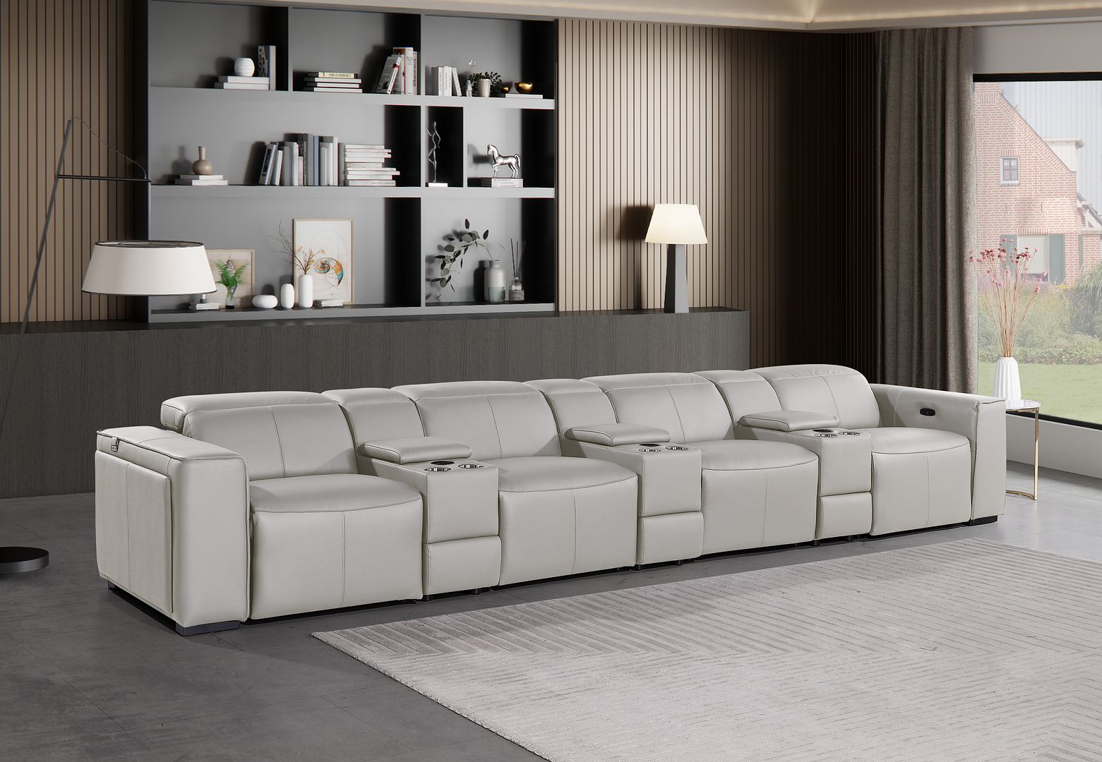 1224 Divanitalia 7-Piece Modular Power Reclining Sofa in Top Grain Italian Leather with 4 Power Recliners & Power Headrests - Light Grey