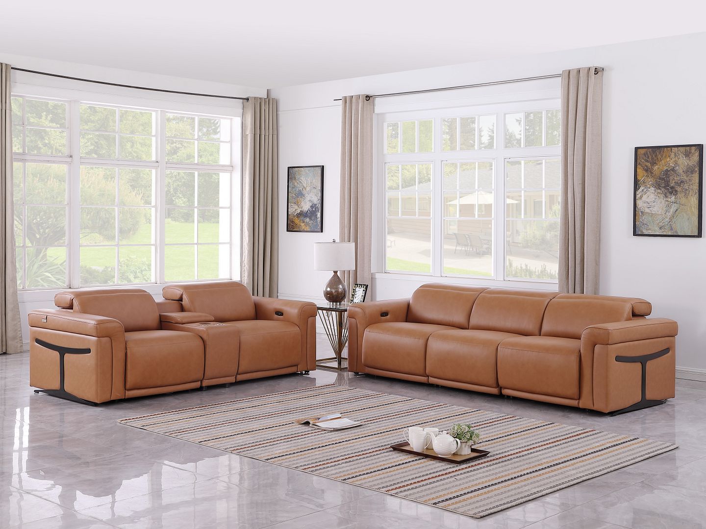 1126 Divanitalia 6-Piece Modular Power Reclining Sofa and Console Loveseat Set in Top Grain Italian Leather with 5 Power Recliners & Power Headrests - Cognac