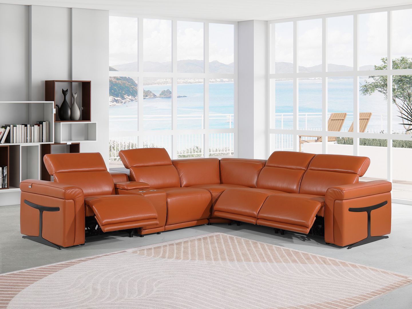 1126 Divanitalia 6-Piece L-Shaped Sectional Sofa in Top Grain Italian Leather with 3 Power Recliners & Power Headrests - Camel - SKU 1126-CAMEL-SEC-6PC-3PWR-SECTIONAL- GROUP
