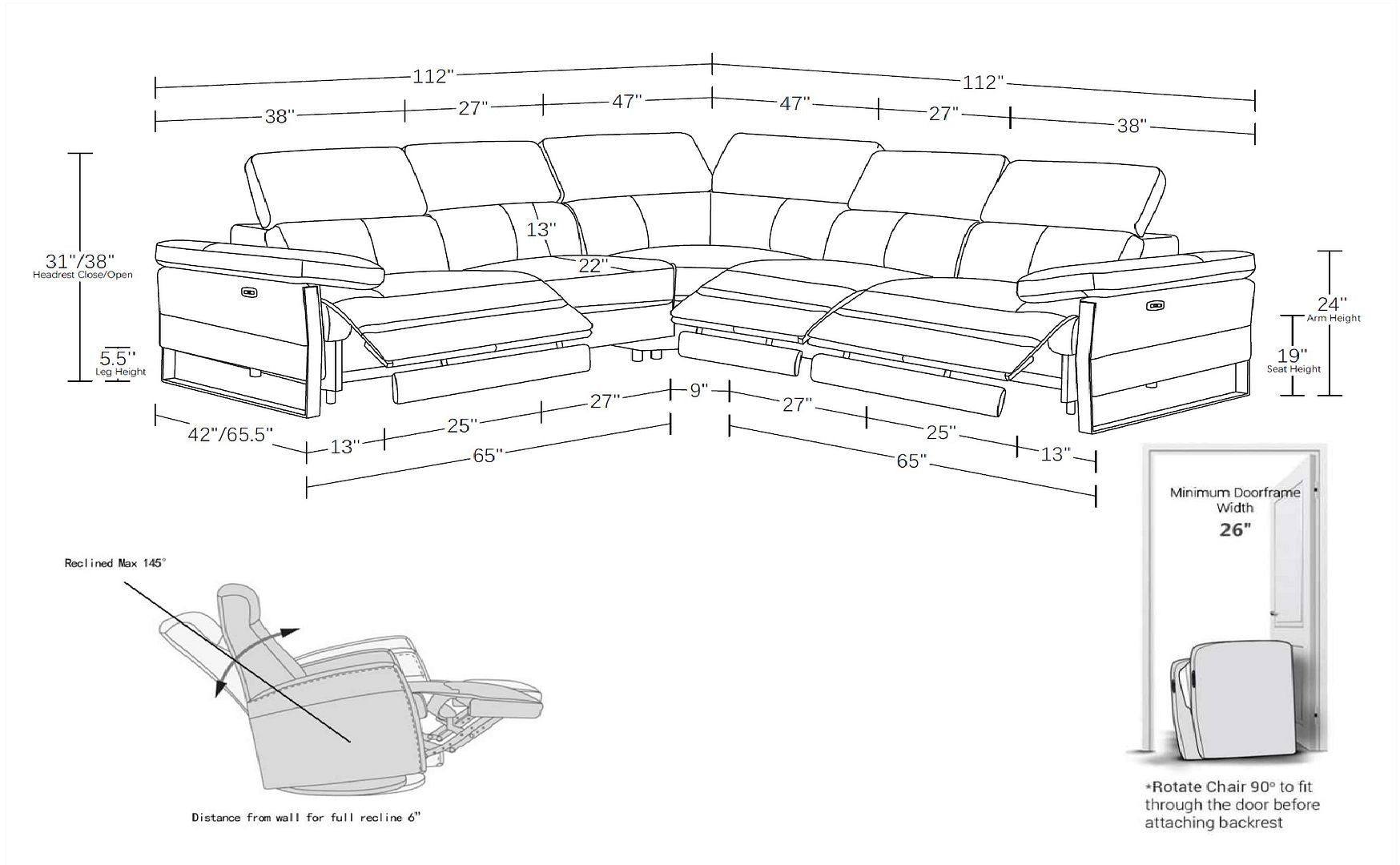 1246 Divanitalia 5-Piece L-Shaped Modular Power Reclining Sectional Sofa with Power Headrests - Top Grain Italian Leather