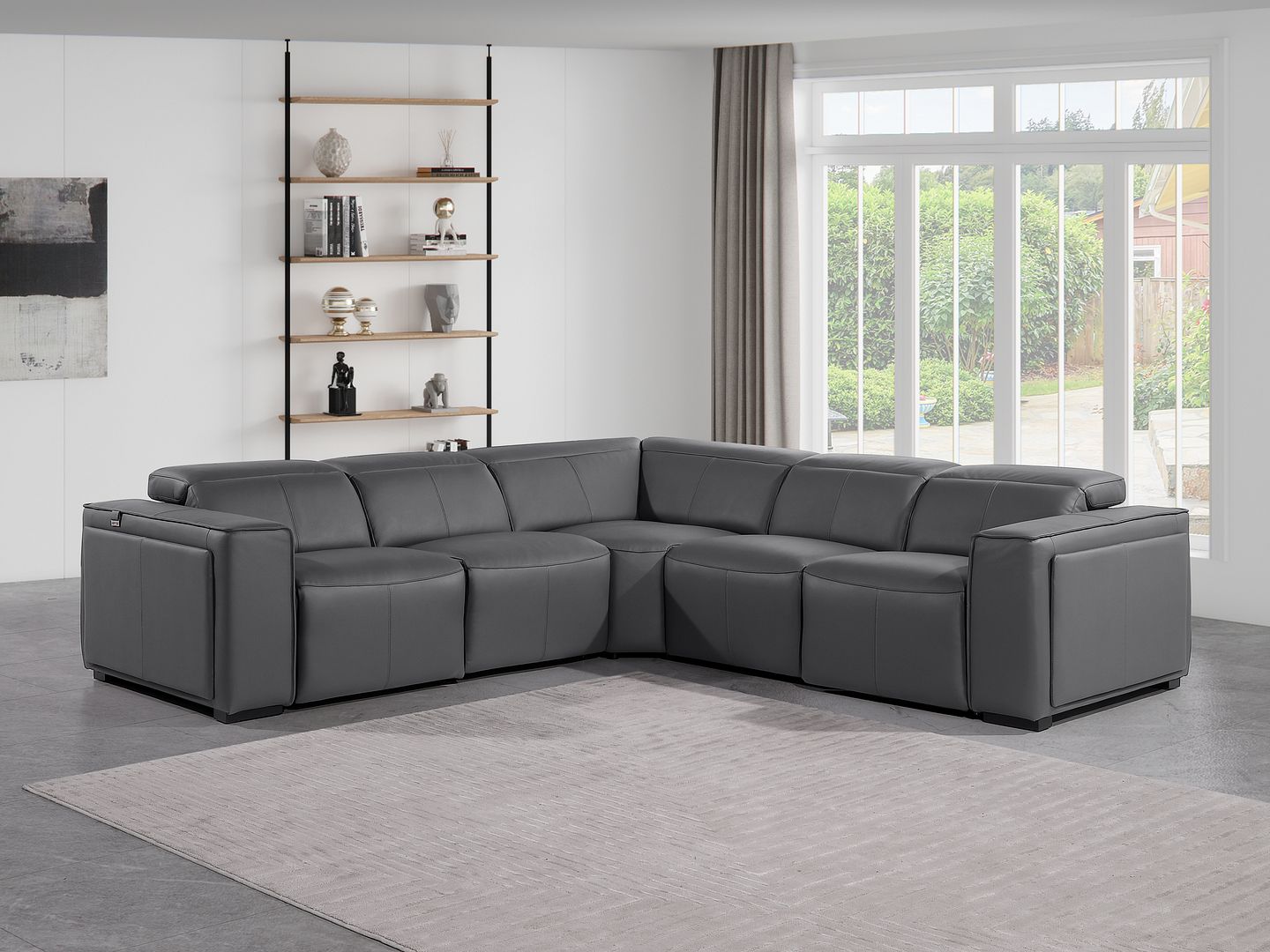 1224 Divanitalia 5-Piece L-Shaped Sectional Sofa in Top Grain Italian Leather with 3 Power Recliners & Power Headrests - Dark Grey