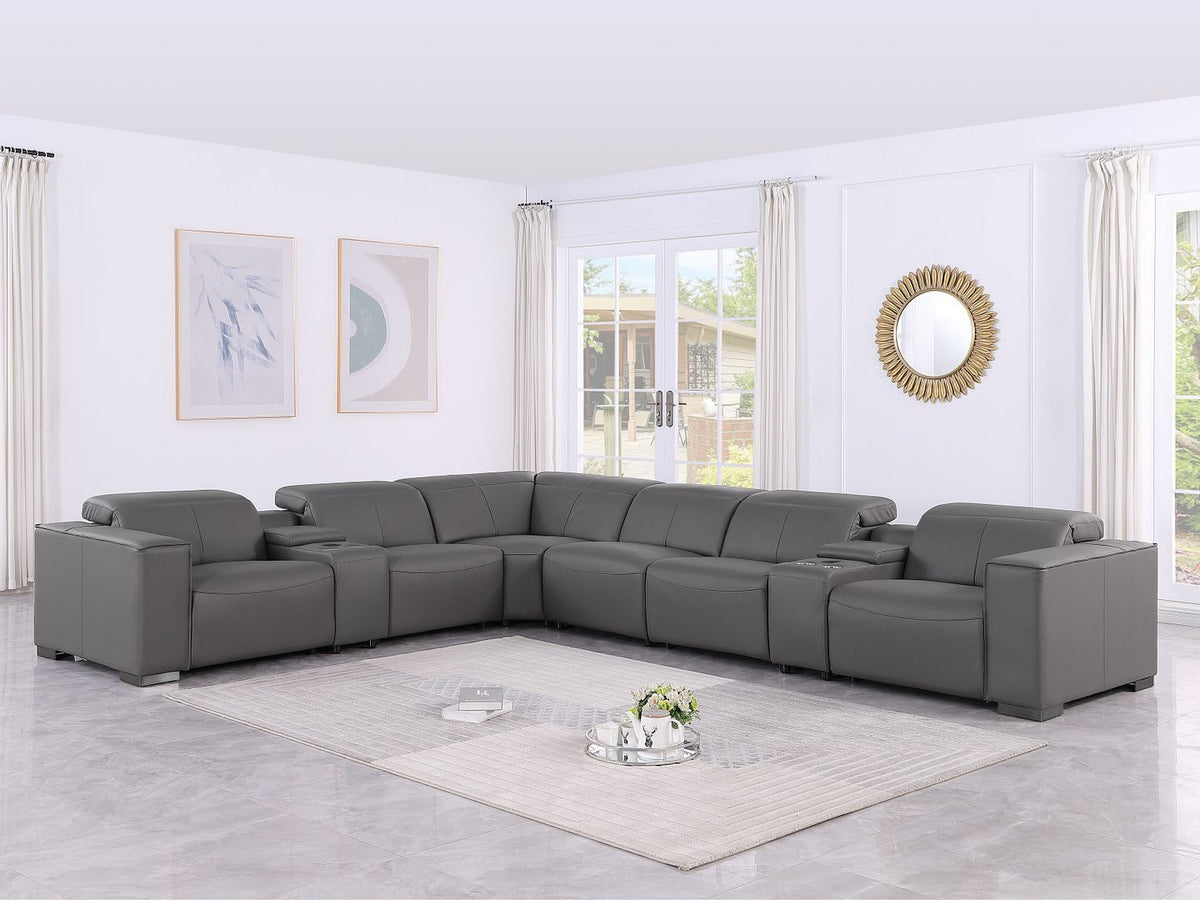 1208 8 Piece L-Shaped Leather Sectional Sofa with 3 Power Recliners & Power Headrests - Dark Grey - SKU 1208-DK-GREY-8PC-3PWR-SECTIONAL- GROUP